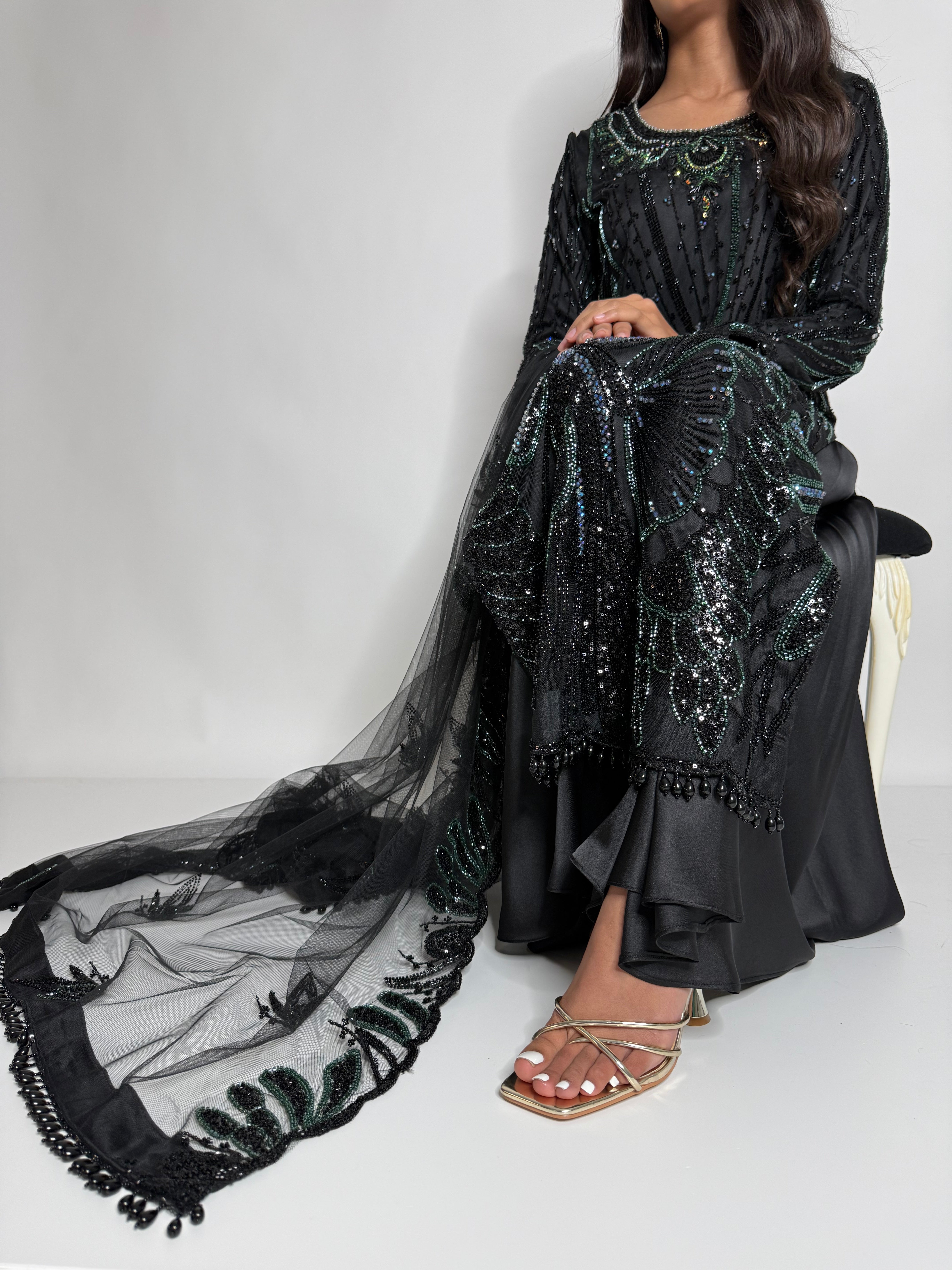 Zarelle Noir Emerald | Luxury Black Cutdana Sharara Suit (3 Piece)