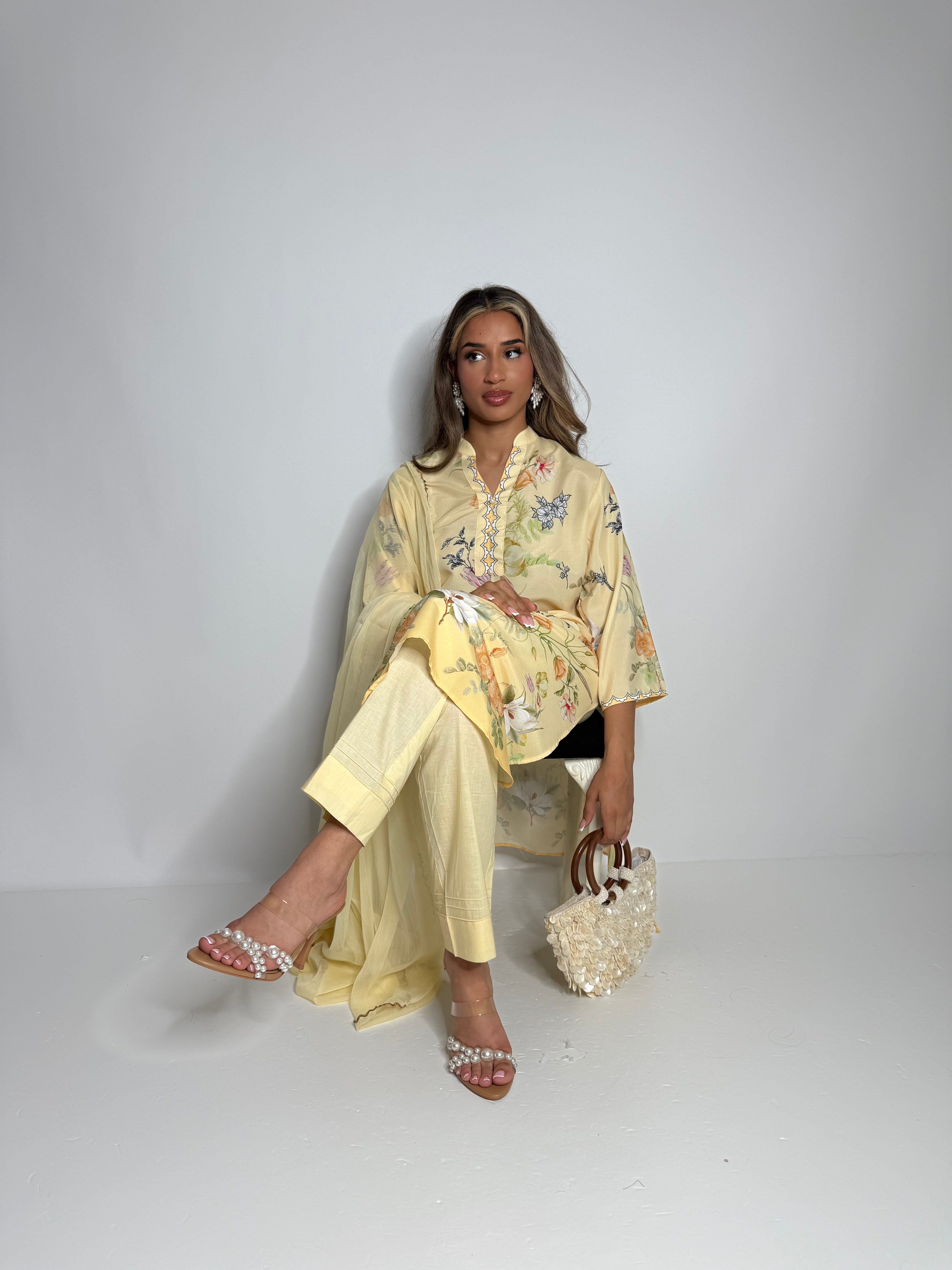 Light yellow Sana Safinaz lawn suit with chiffon dupatta – Pakistani summer wear Ameliyana Boutique