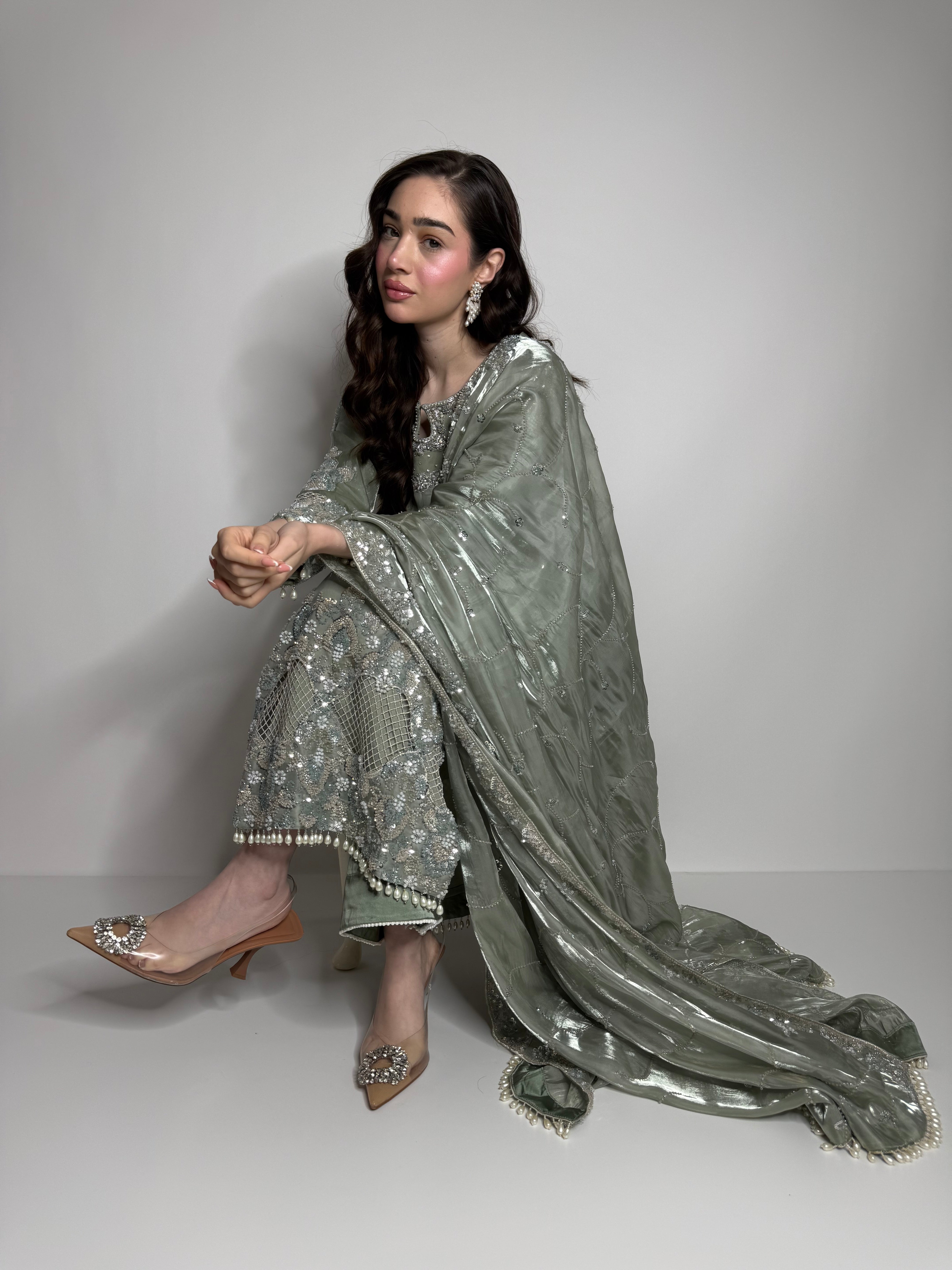 sage silk cutdana embroidered three piece Pakistani Eid outfit by Ameliyana Boutique