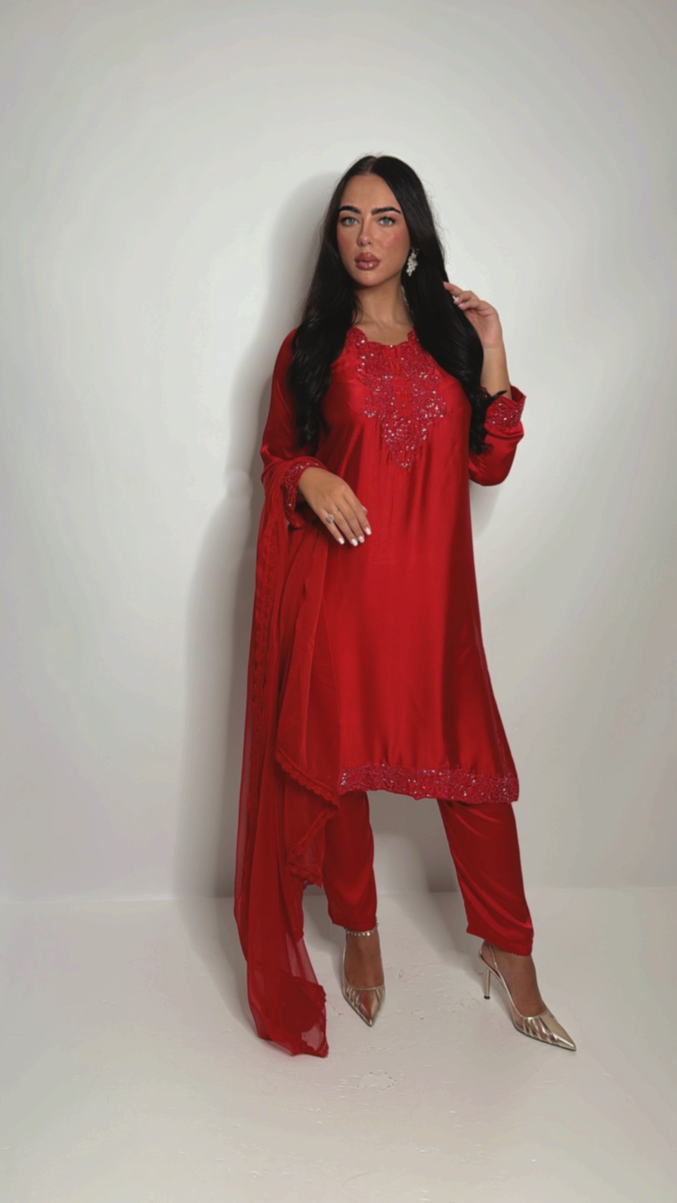 Elegant red Pakistani formal suit with tonal embroidery and dupatta drape