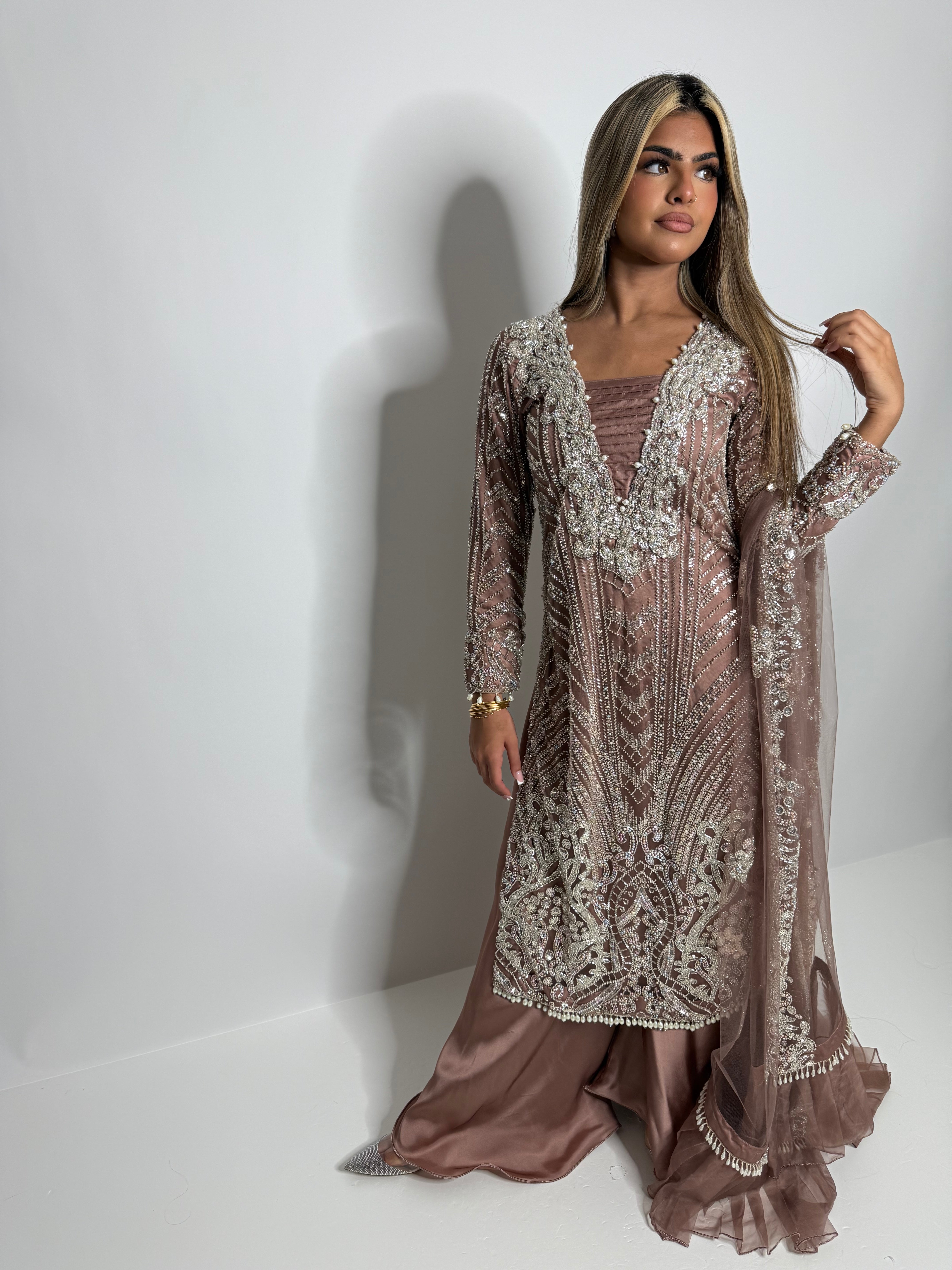 Elowen in Rose Gold Blush — embellished Pakistani outfit with silver beadwork