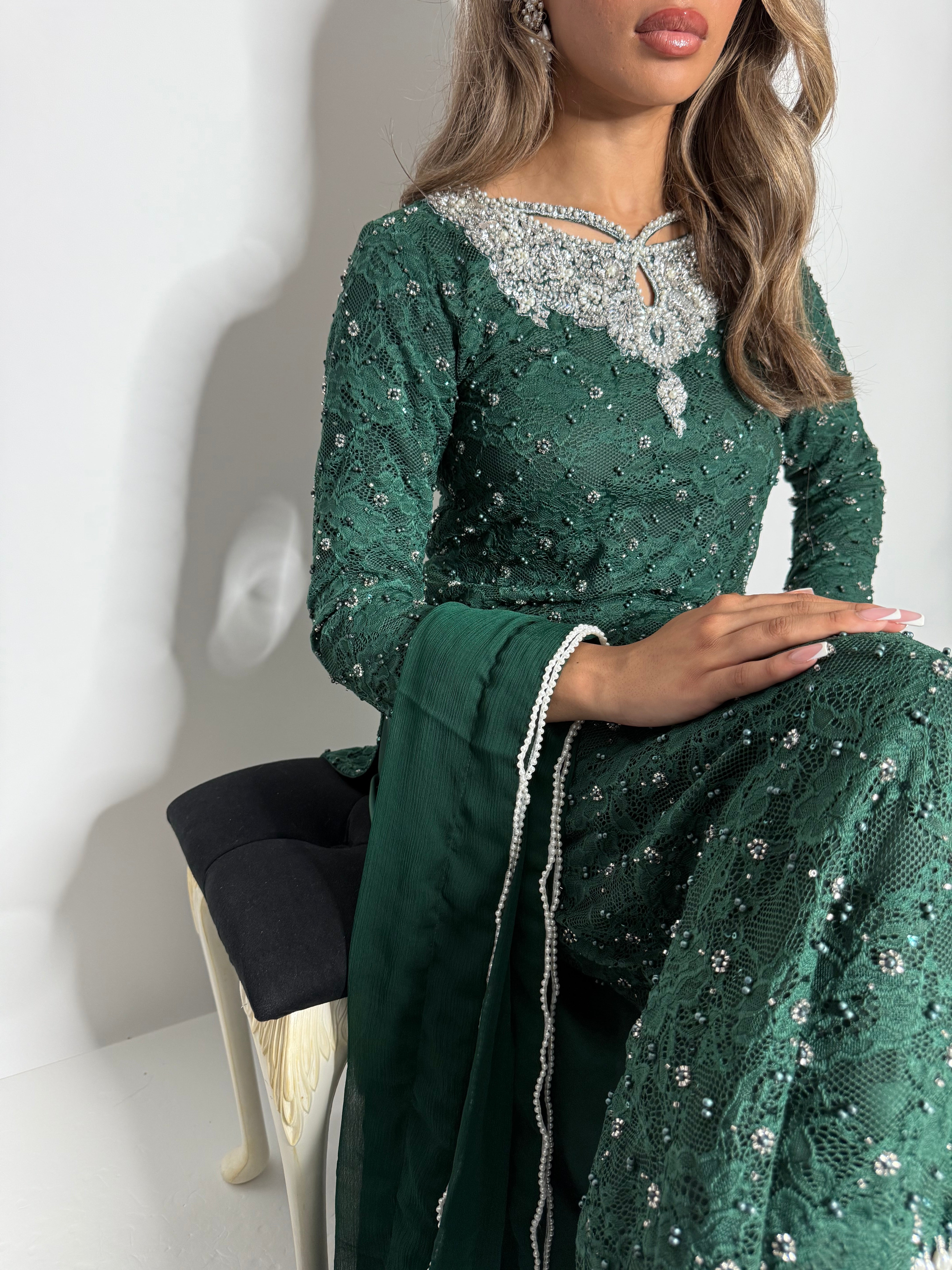 Serenya Emerald Pearl-Embellished Three-Piece