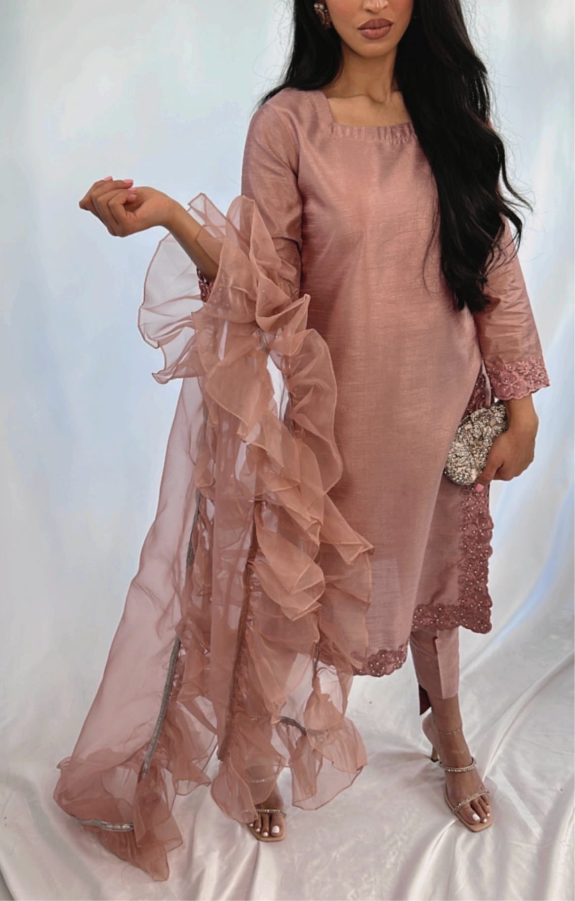 Belle – Blush Pink Raw Silk Pakistani Three Piece Set
