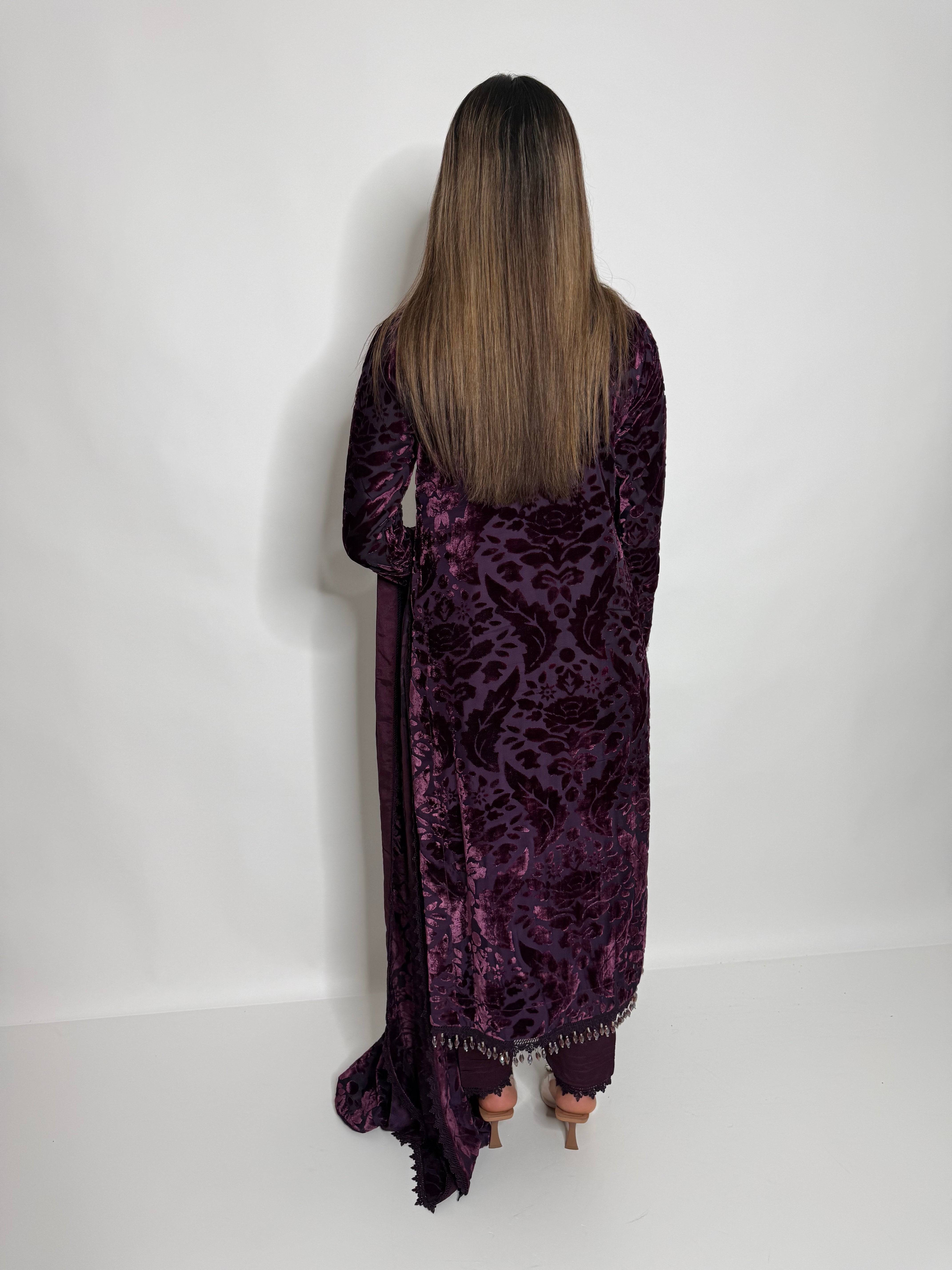 Royal Amethyst Pearl Handwork Palachi Shirt & Lace-Trim Dupatta Set