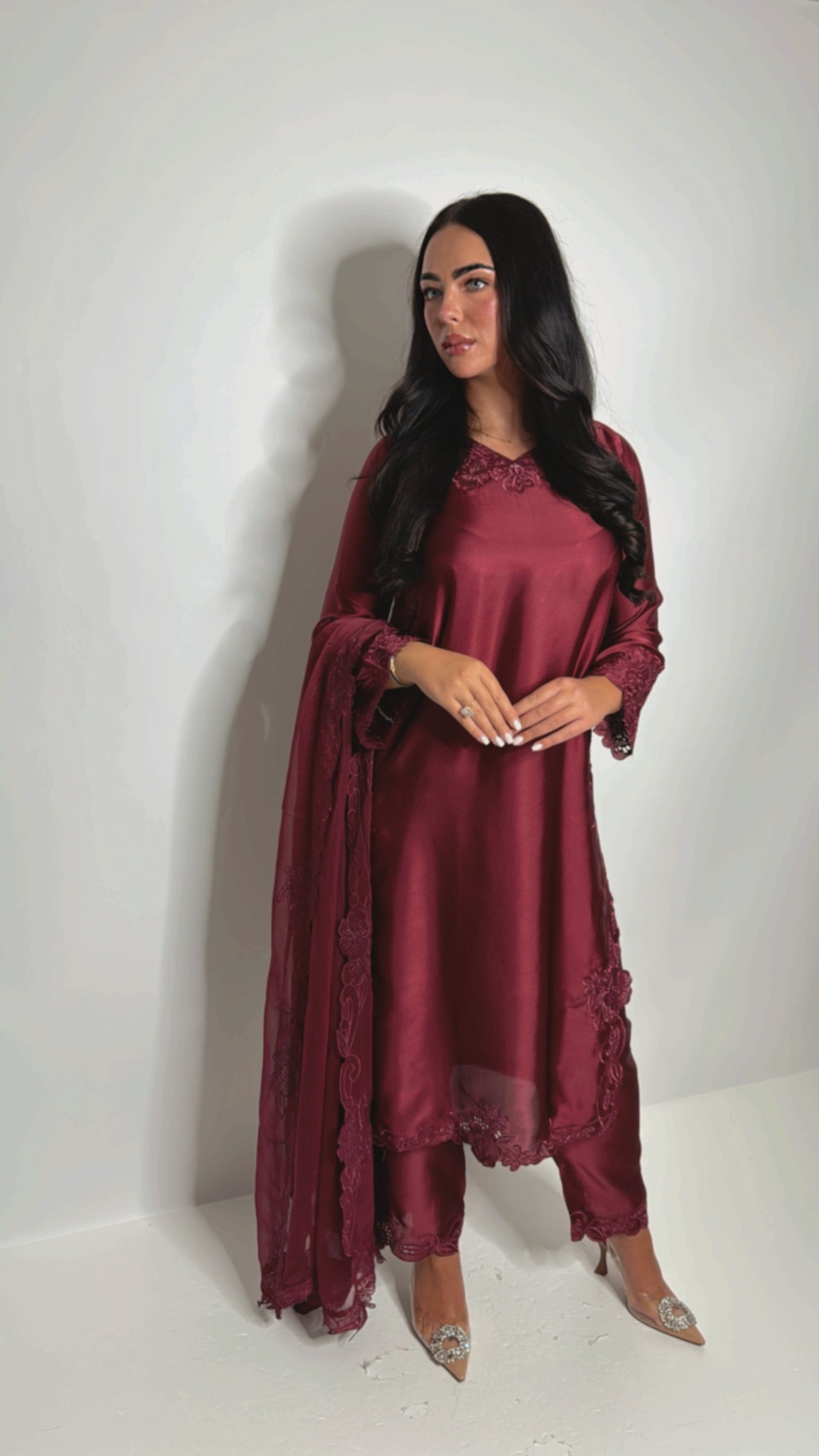 Pakistani wedding guest outfit — wine satin embroidered suit