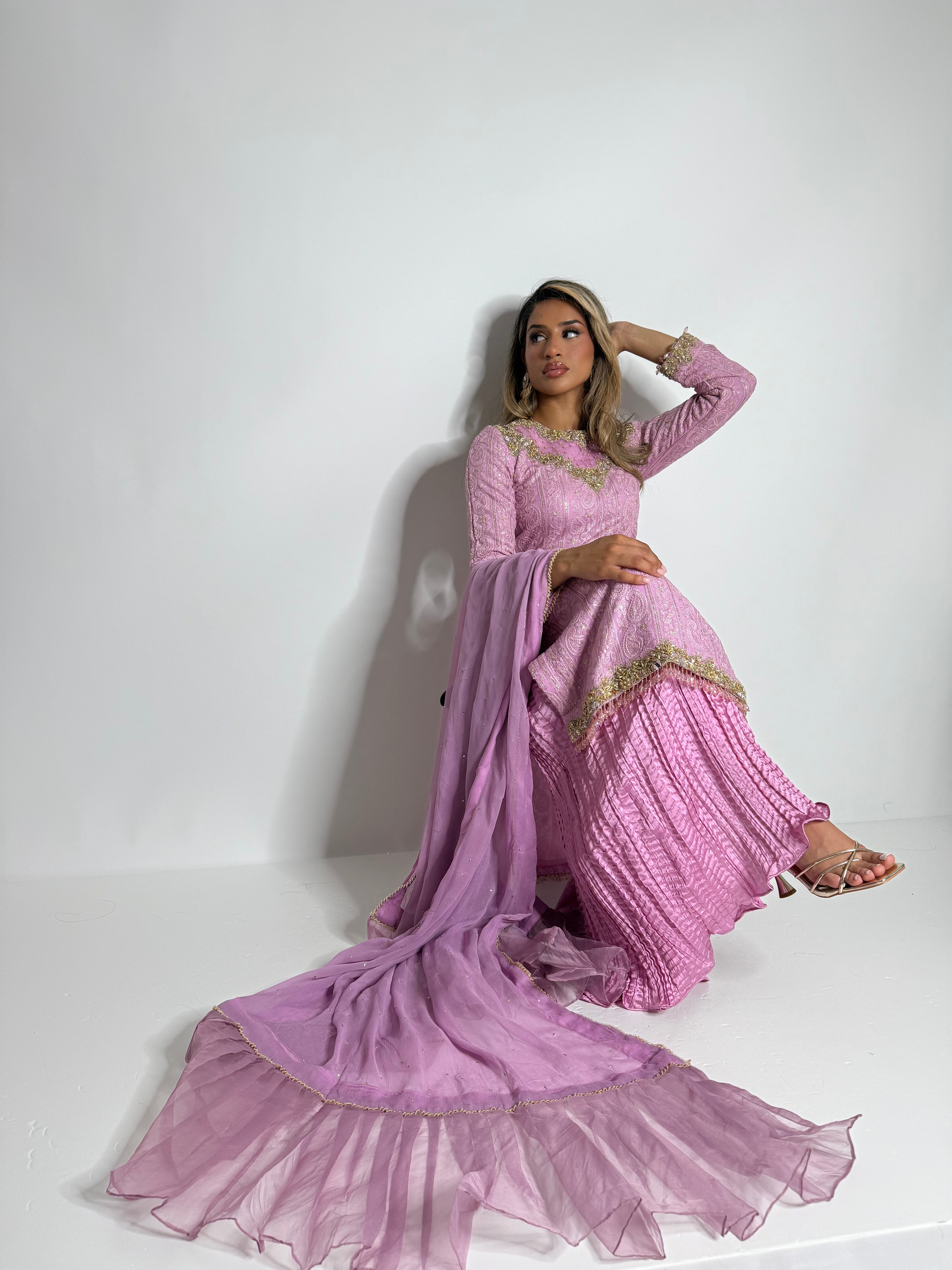 Elegant Desi wedding guest outfit in chicken-kari chiffon