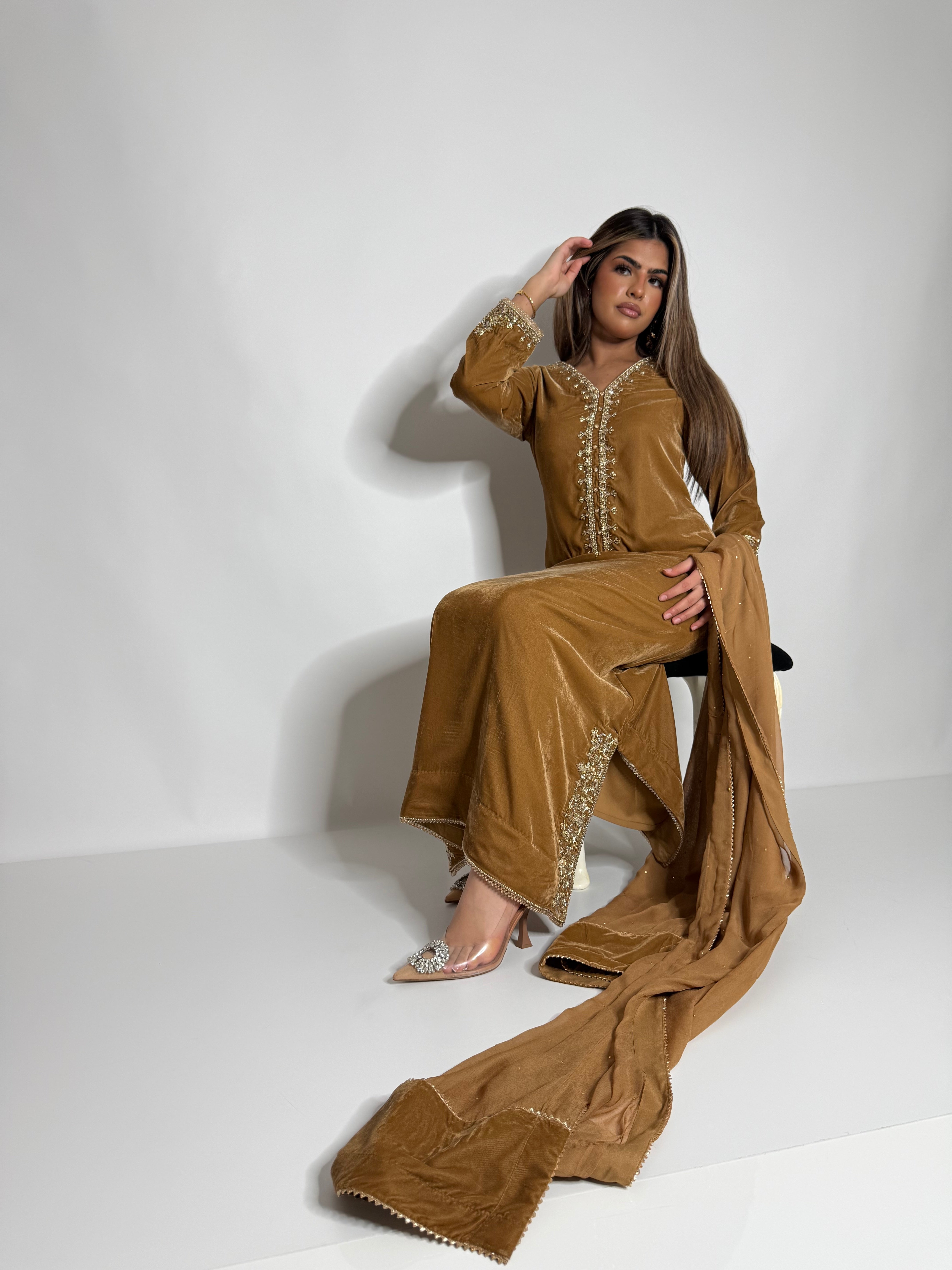Mustard gold velvet Pakistani suit with handwork neckline