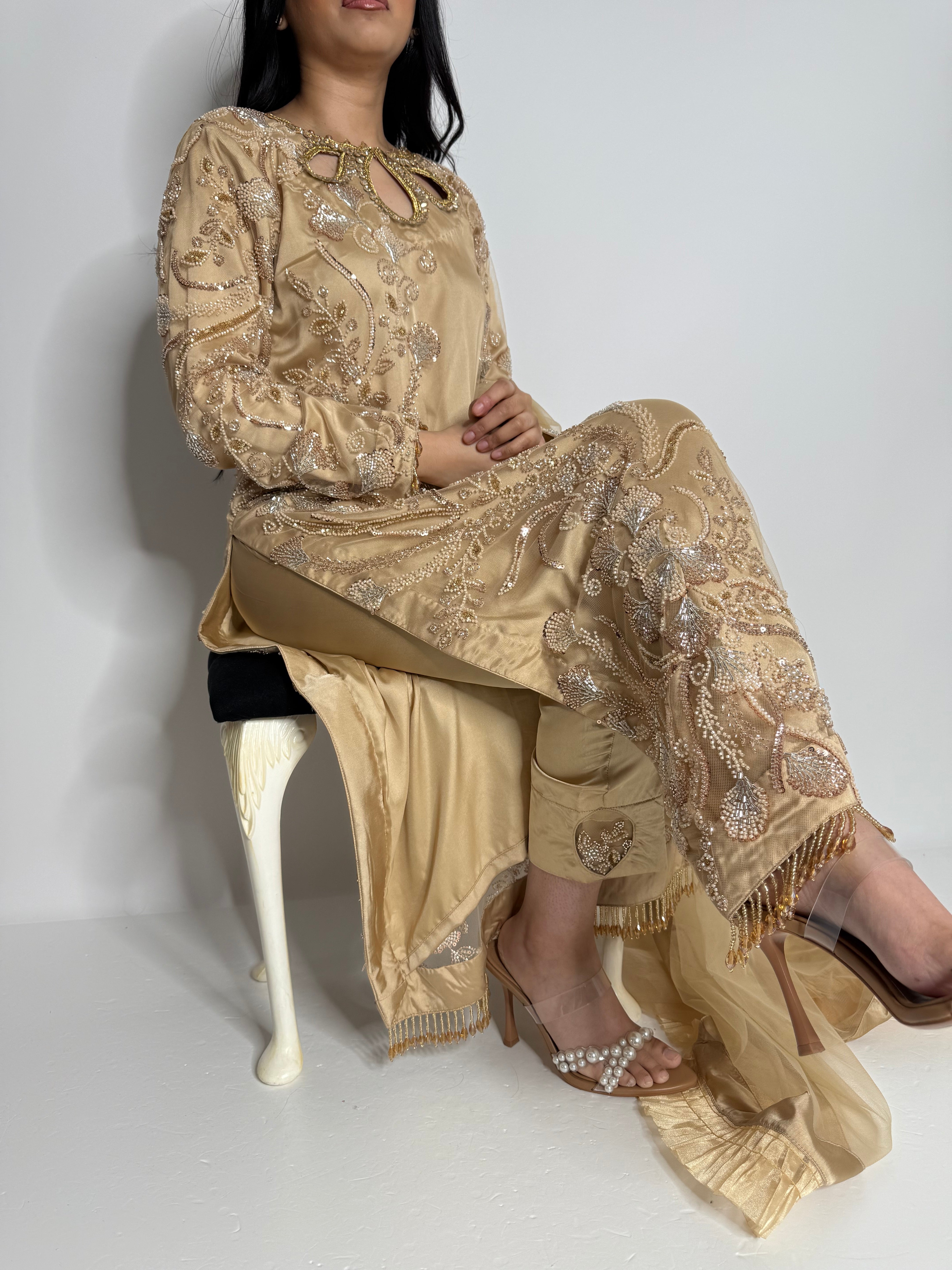 Gold three-piece outfit with soft net frill dupatta – Pakistani Partywear UK