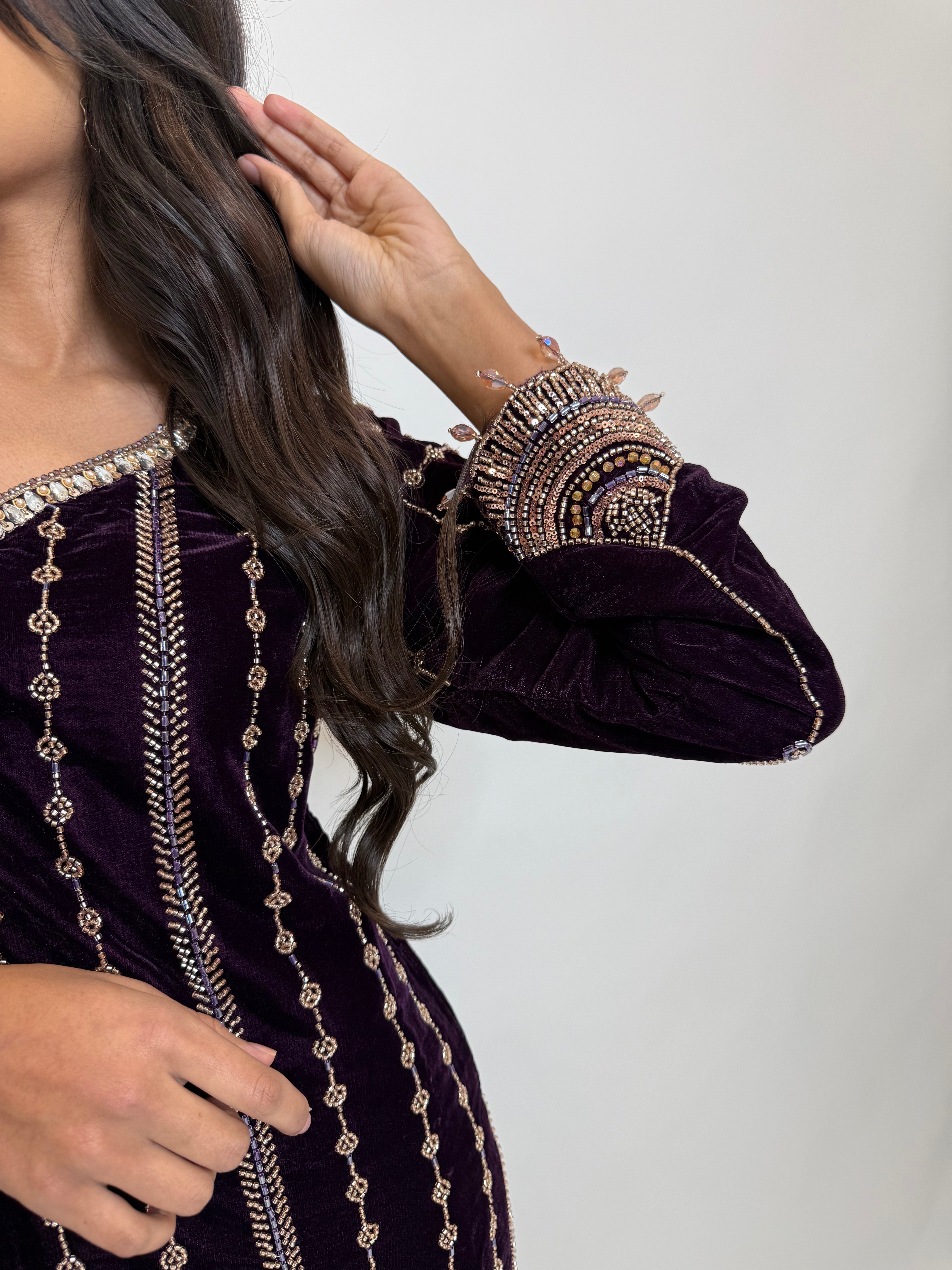 Zarielle Royale | Luxury Deep Violet Velvet Cutdana Embroidered Pakistani Suit (3 Piece)