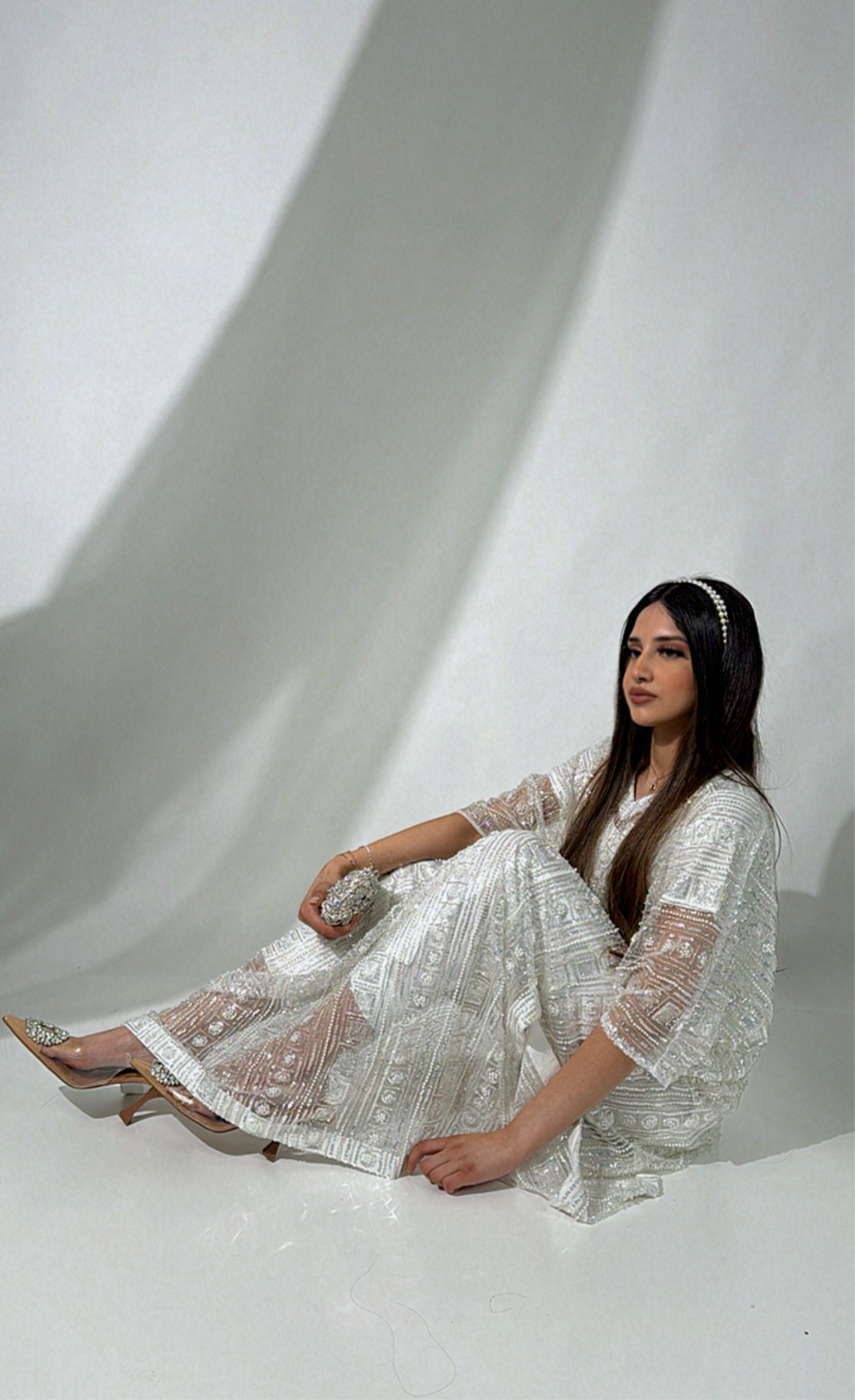Adeela – White Pearl Embellished Kaftan Dress