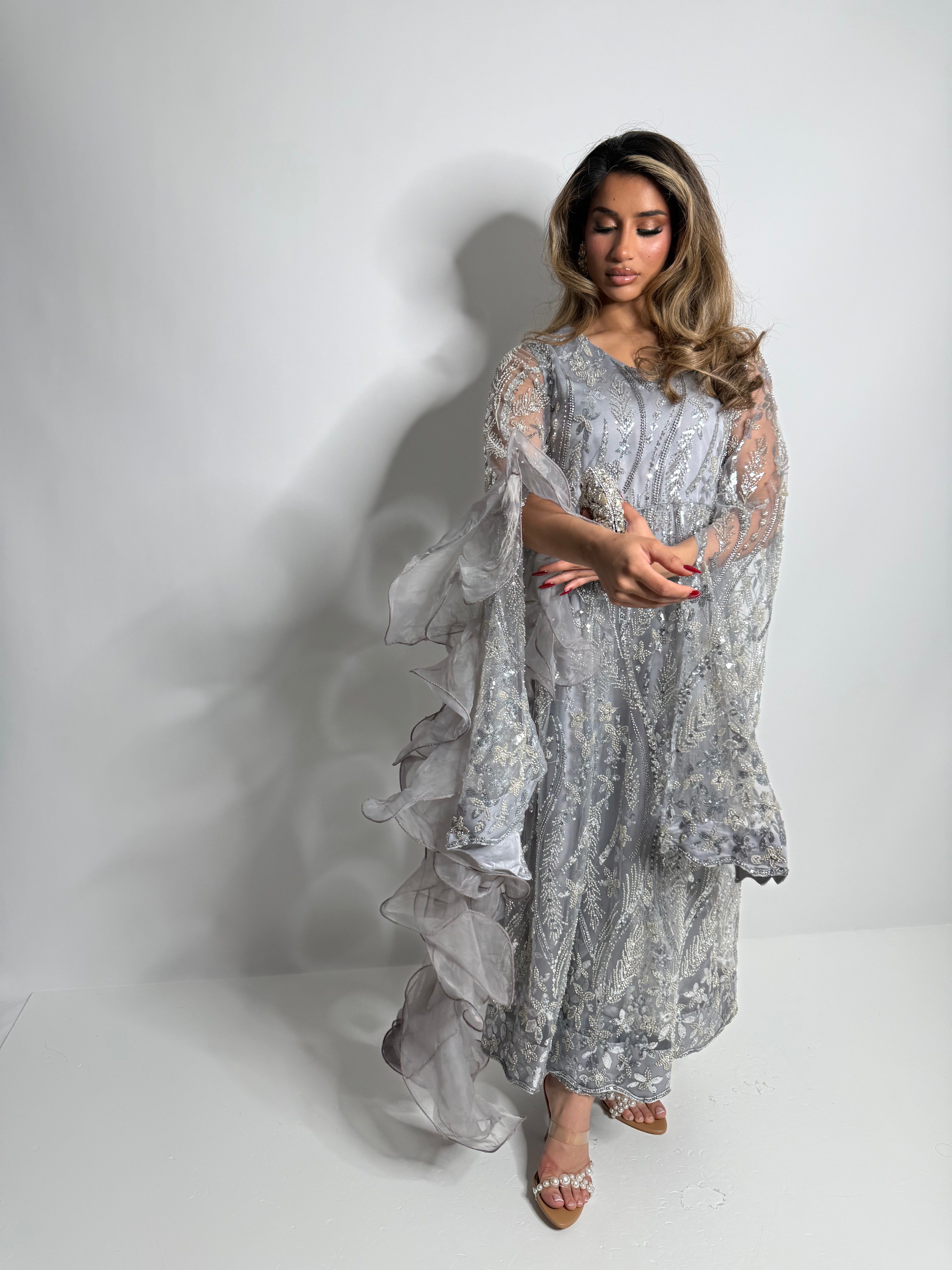 Wedding guest dress in silver with embroidery and trousers