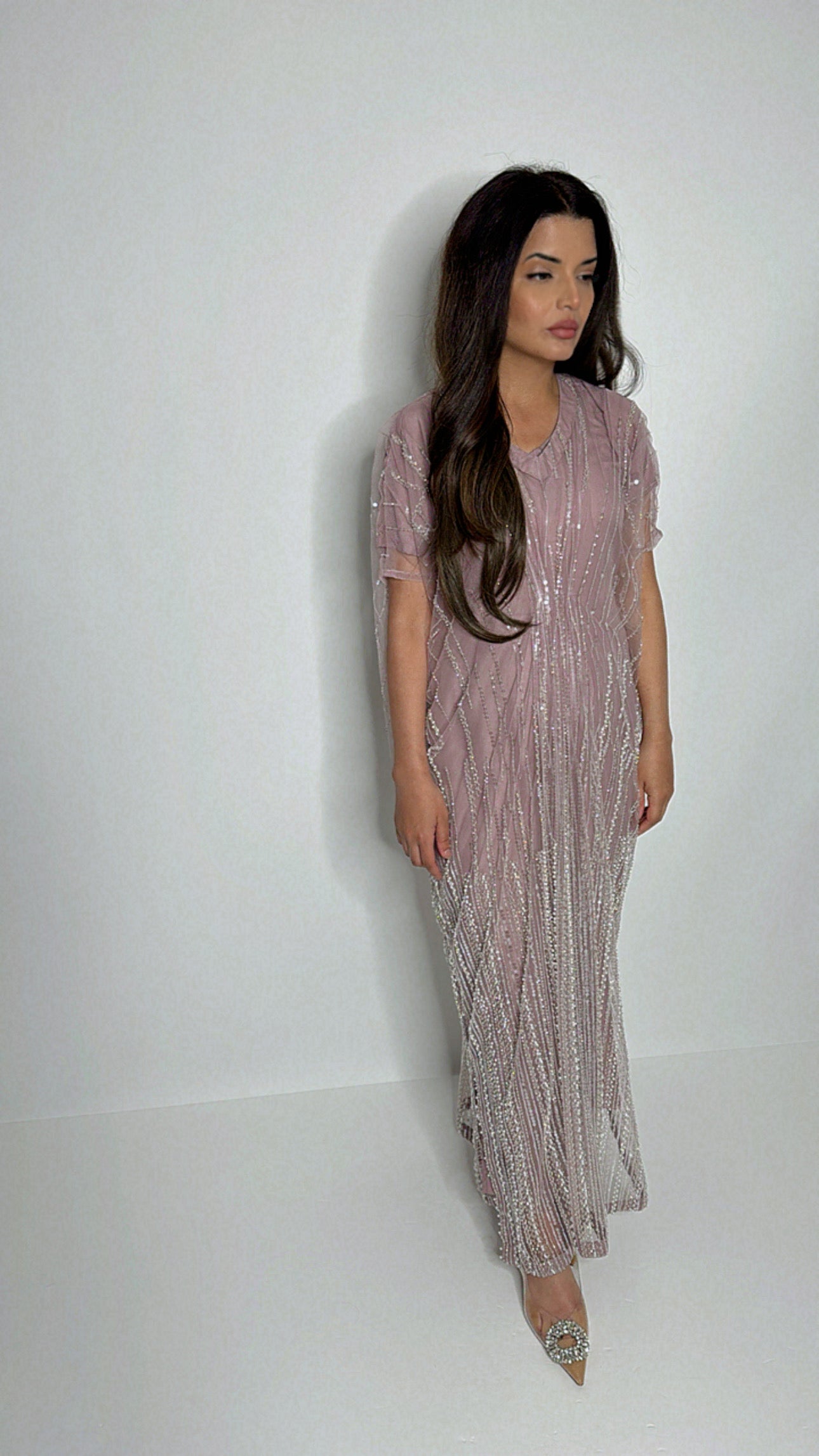 Elegant modest fashion outfit in lilac with pearls