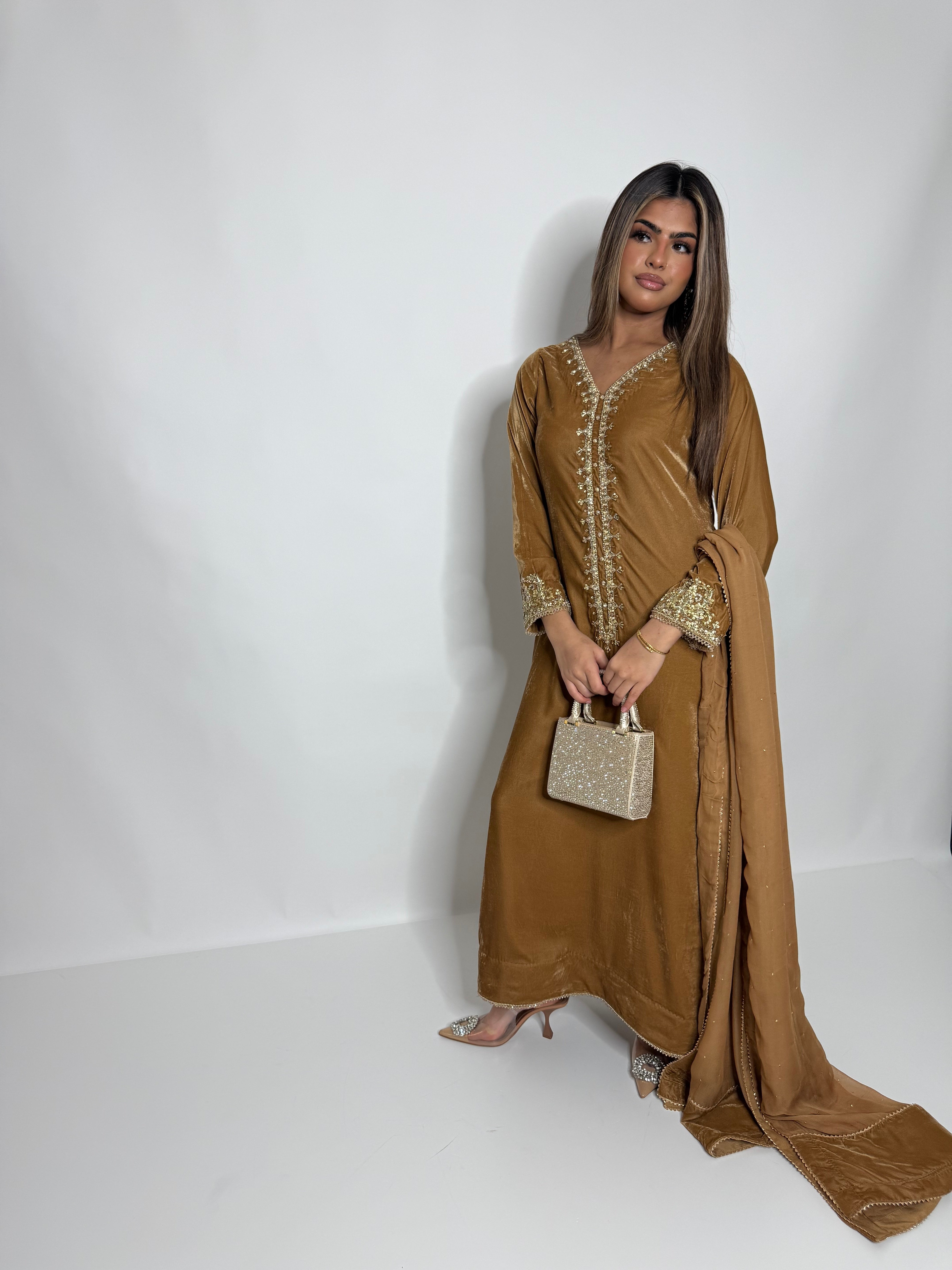 ZARQA MUSTARD VELVET KAFTAN THREE-PIECE – PAKISTANI EID & WEDDING FORMAL UK