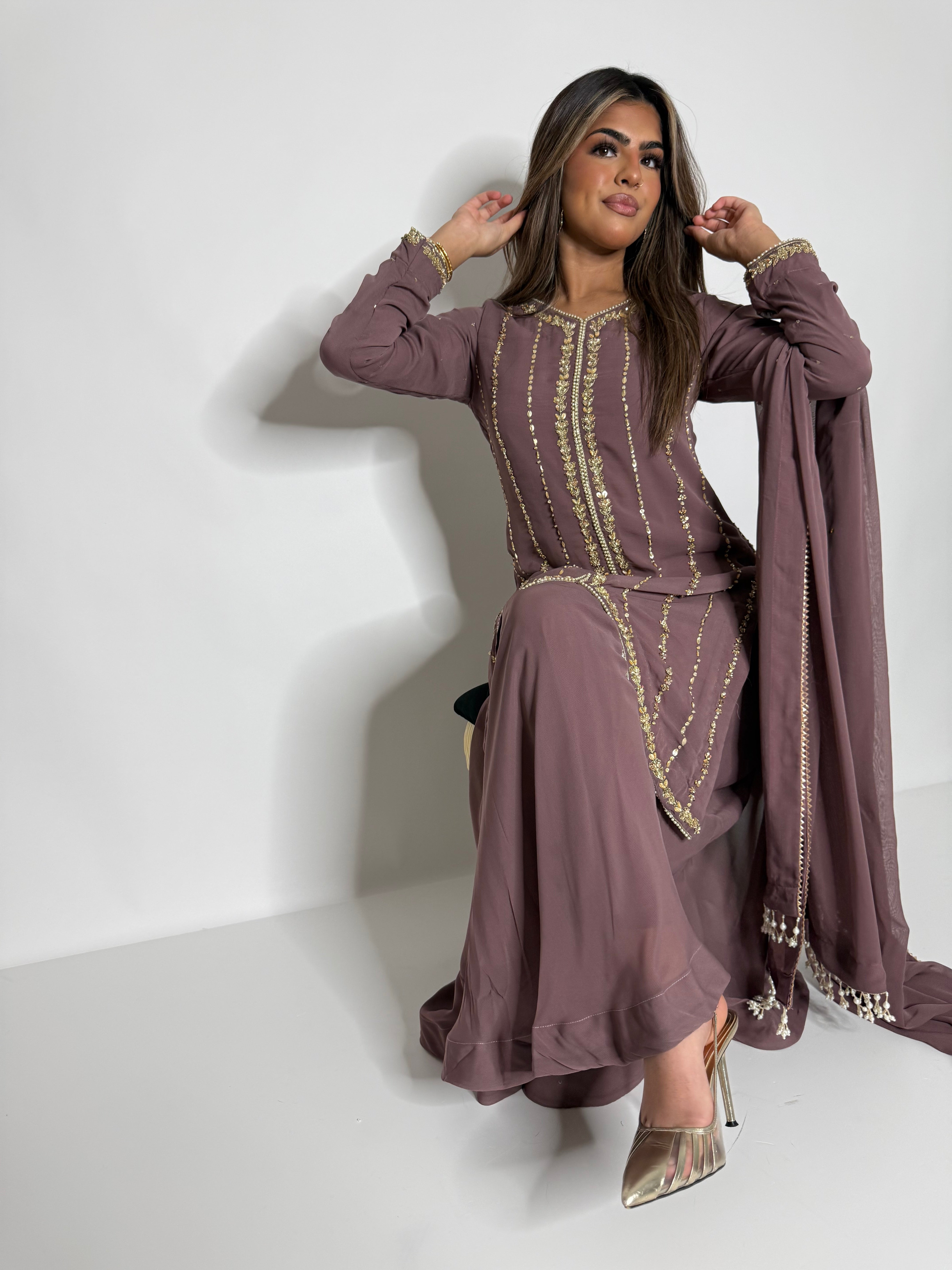 Eid sharara suit UK in taupe gold hand embroidered
