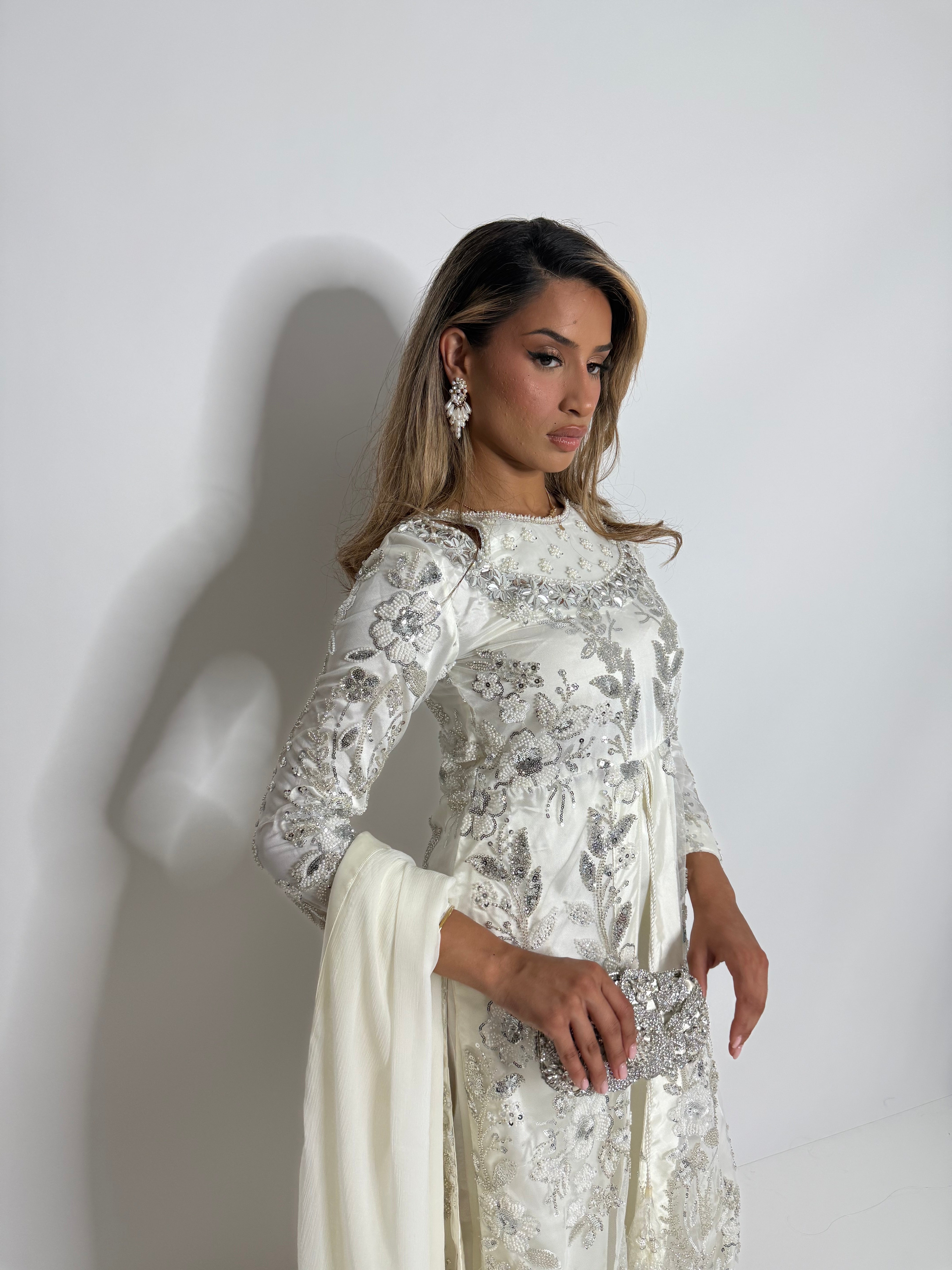 Zerina White Embellished Silk Three-Piece