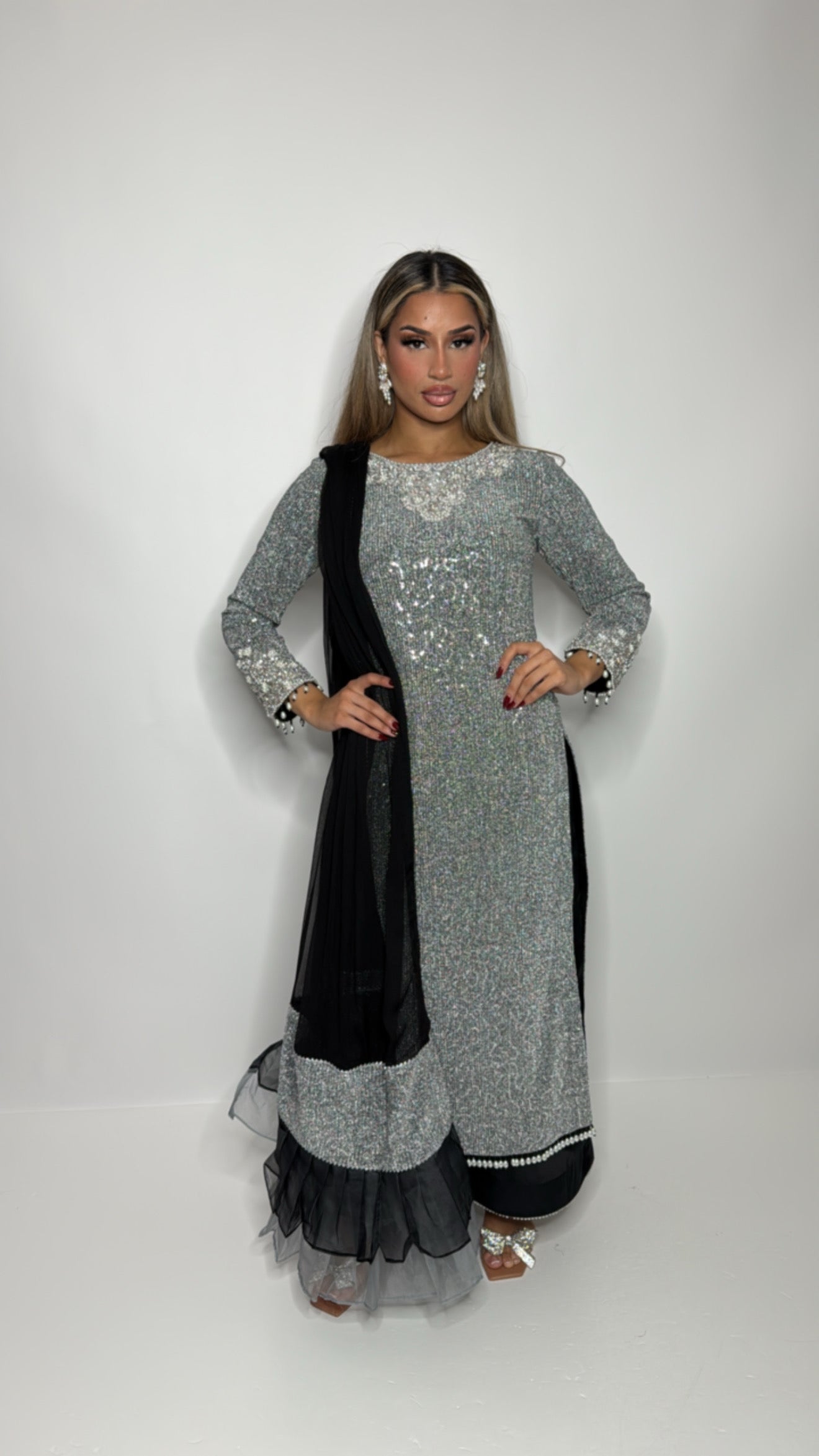 Silver embellished Pakistani three-piece suit with black dupatta