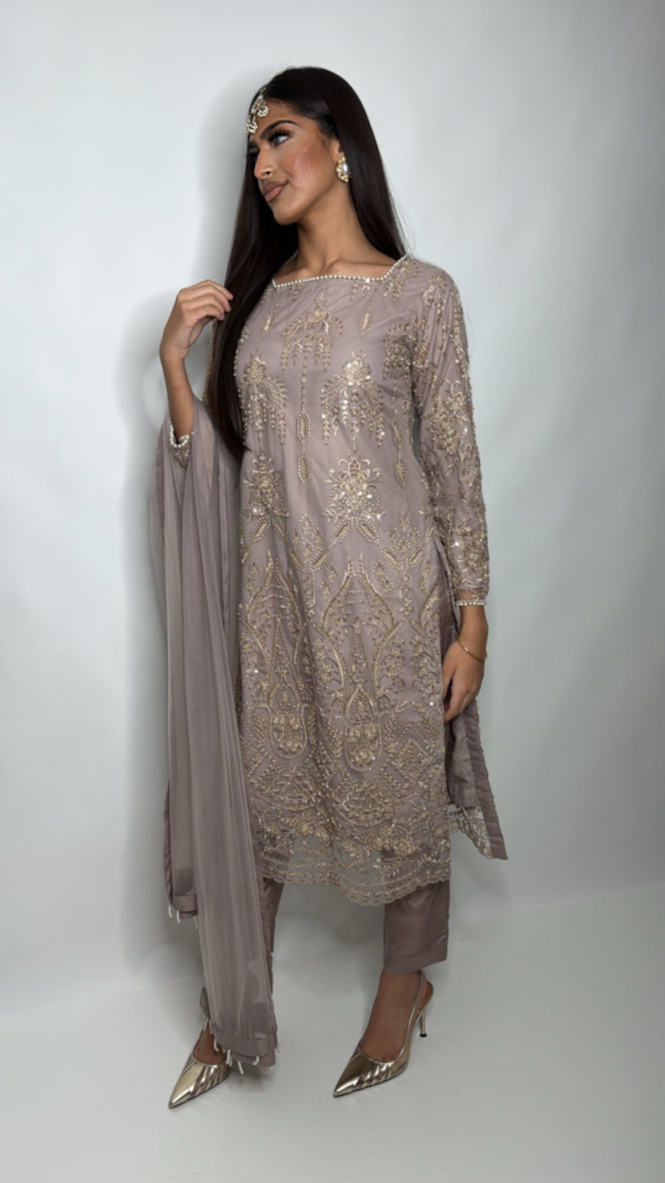 Isola Mocha Cutdana Embroidered Pakistani Suit