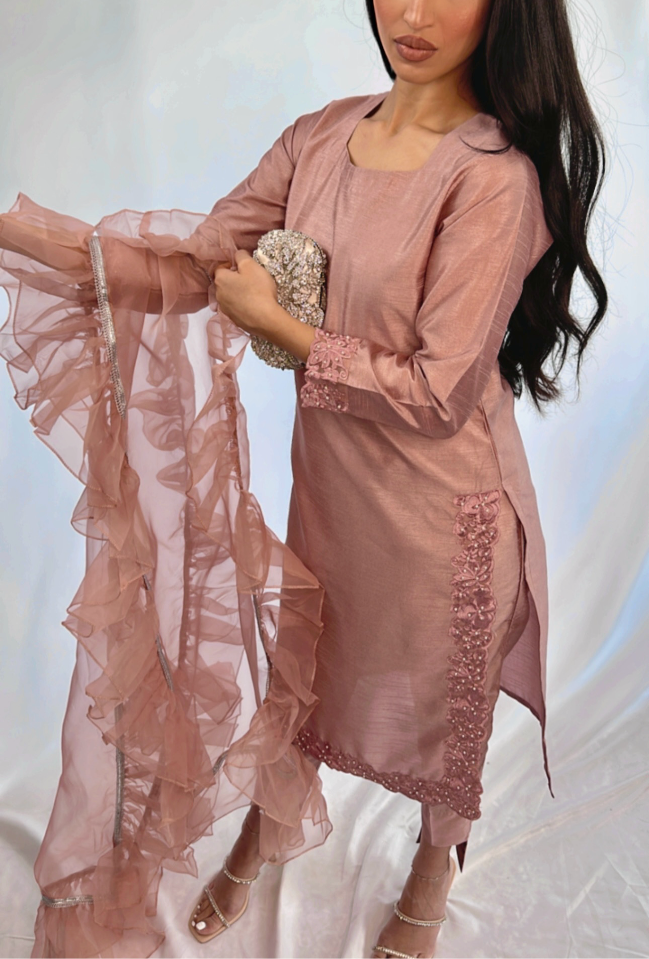 Belle – Blush Pink Raw Silk Pakistani Three Piece Set