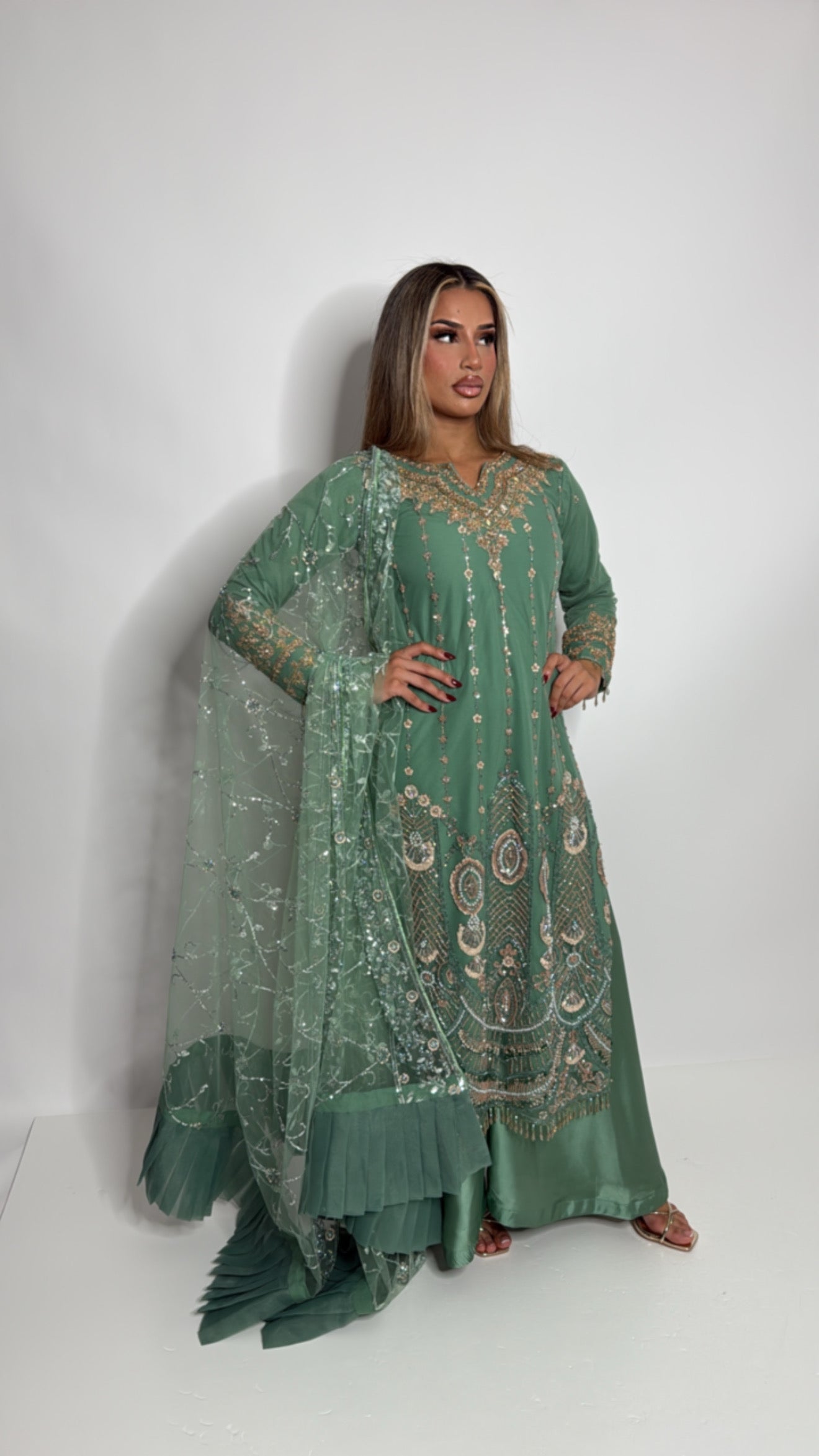 Kensington Sage Cutdana Handworked Pakistani Suit