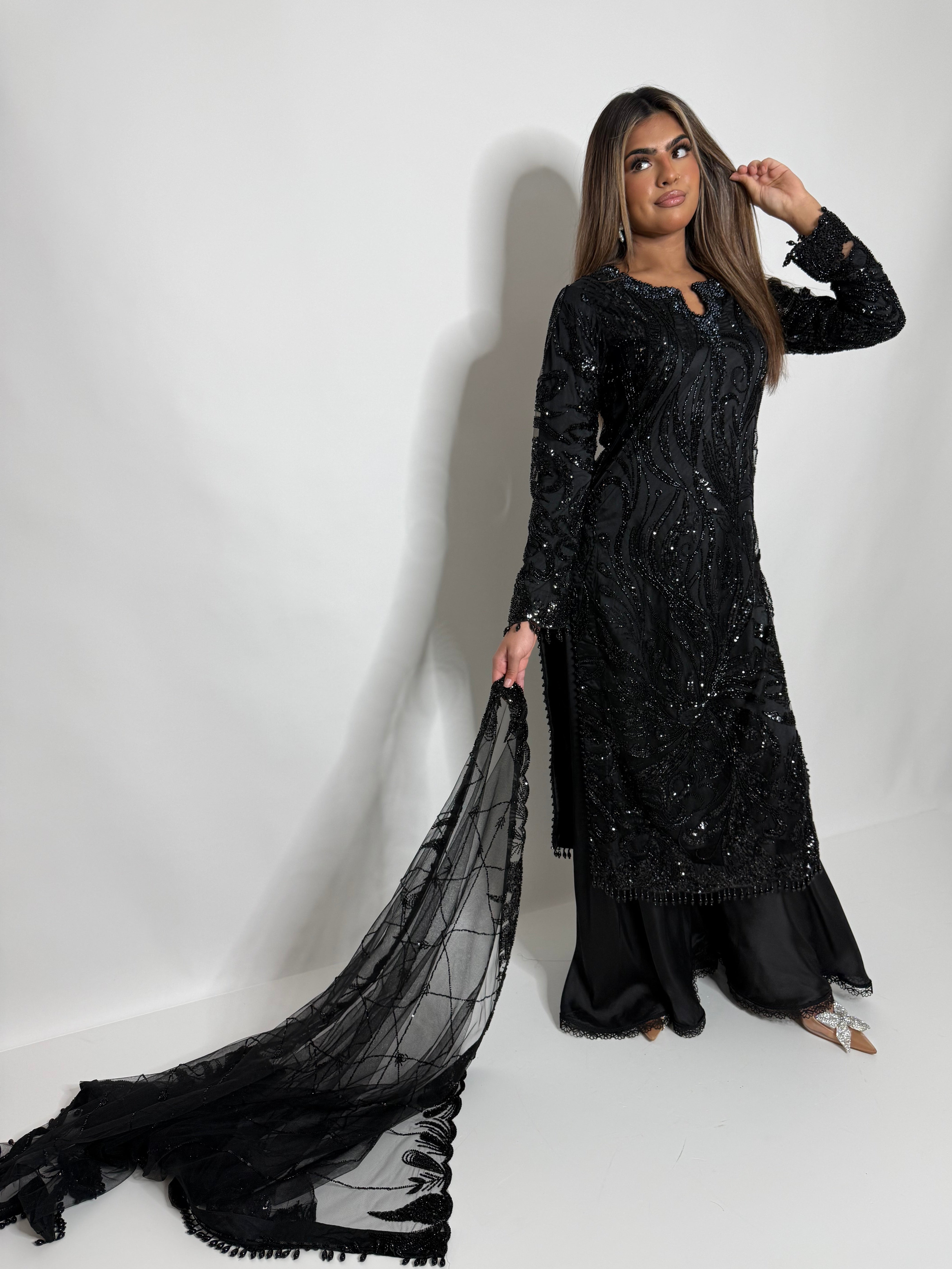 NOIRAH BLACK CUTDANA HAND EMBROIDERED SILK SHARARA THREE-PIECE EID & WEDDING FORMAL