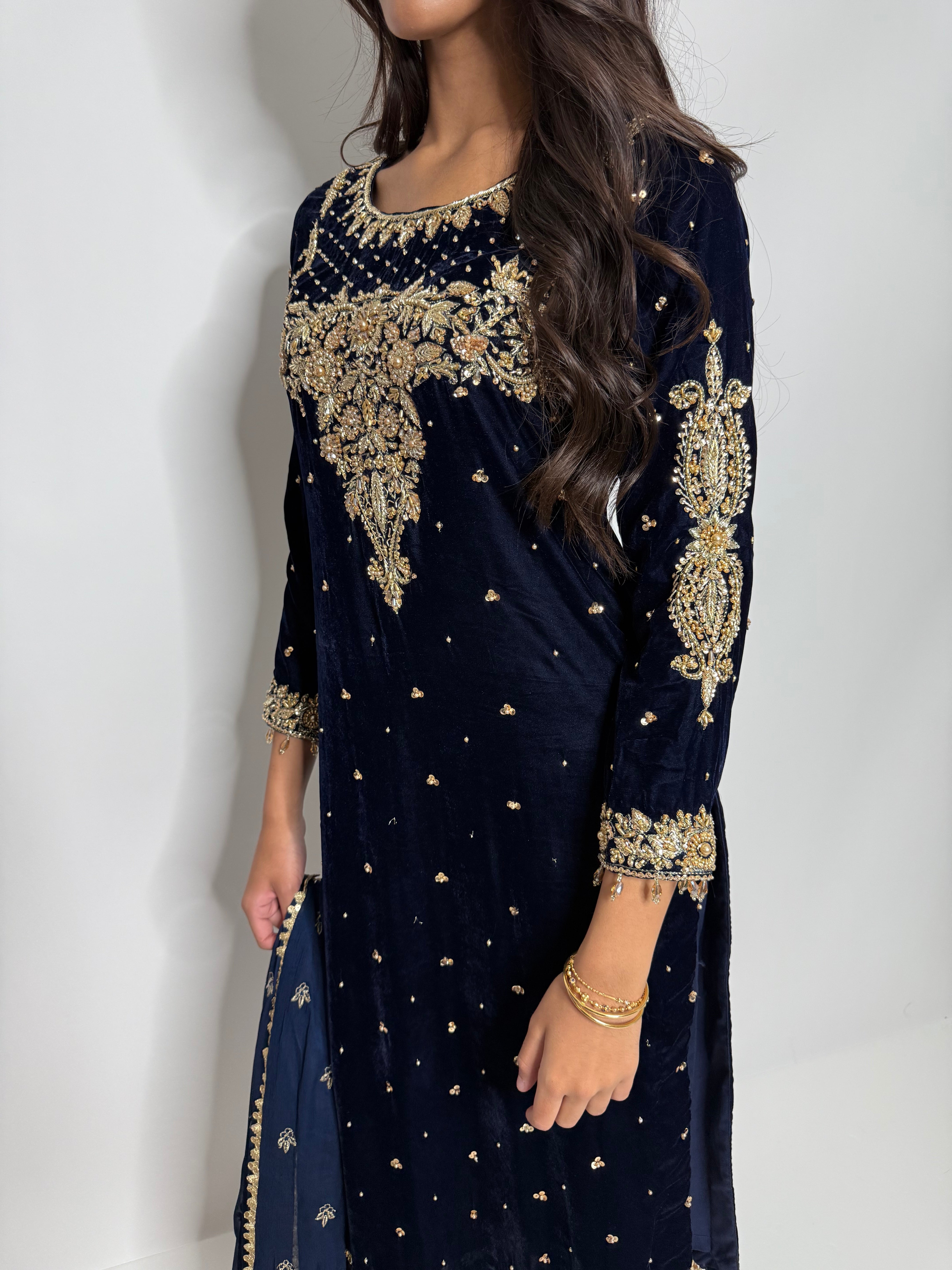 Nerina Navy Velvet Three-Piece Pakistani Wedding Suit