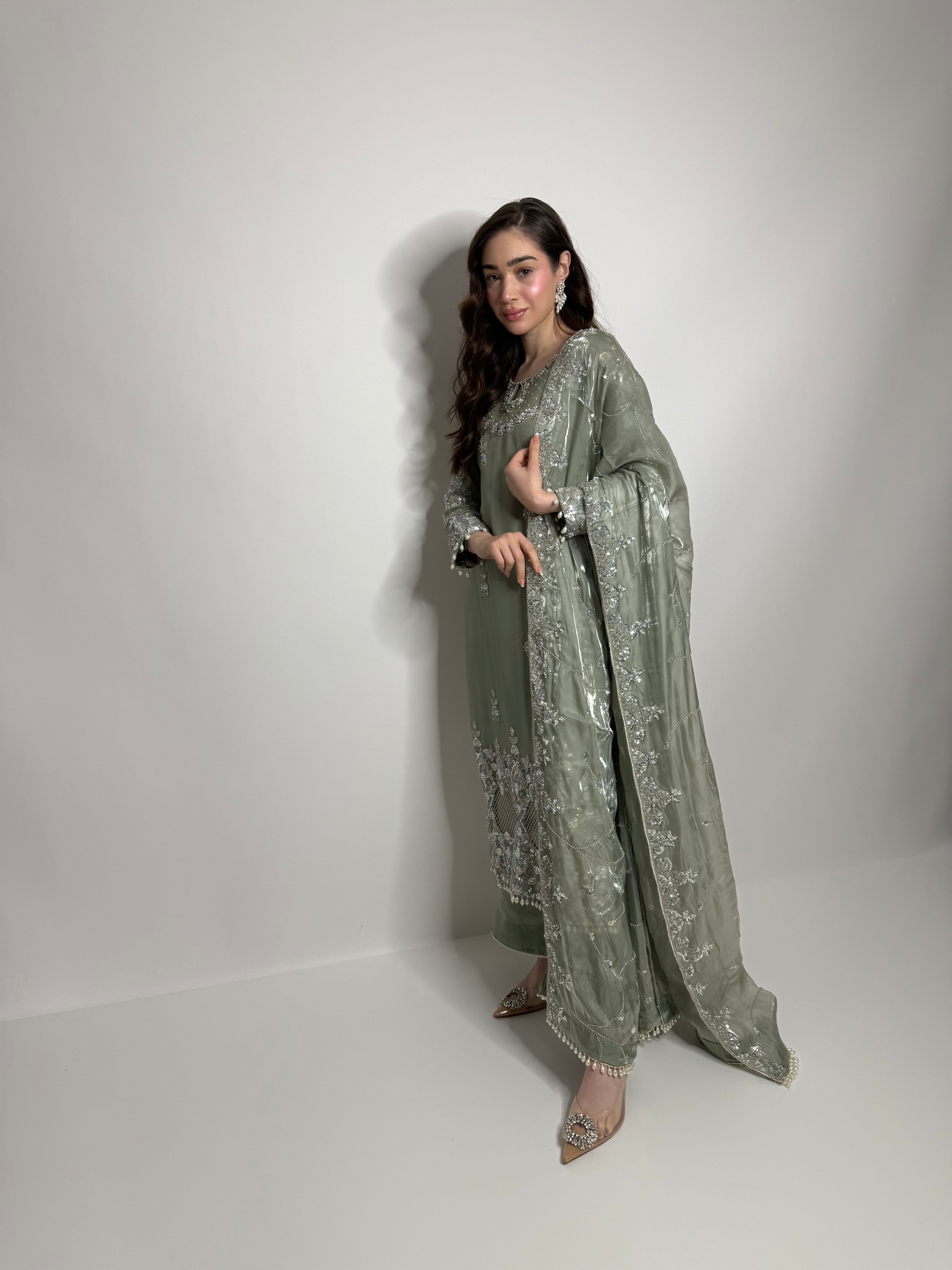 Elowen Sage Cutdana-Embroidered Three-Piece Eid formal wear