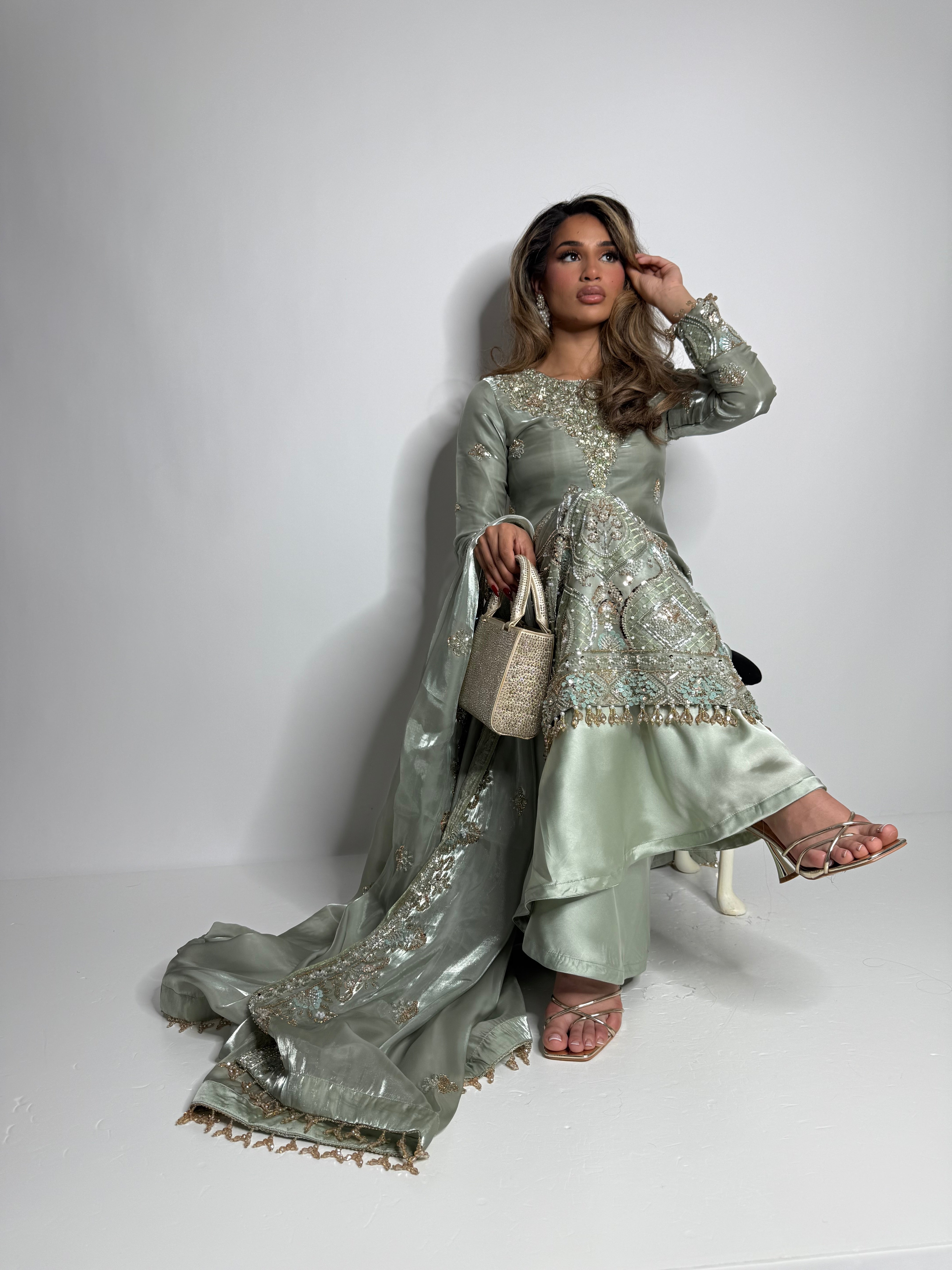 Sage silk Pakistani suit with cutdana embroidery and dupatta