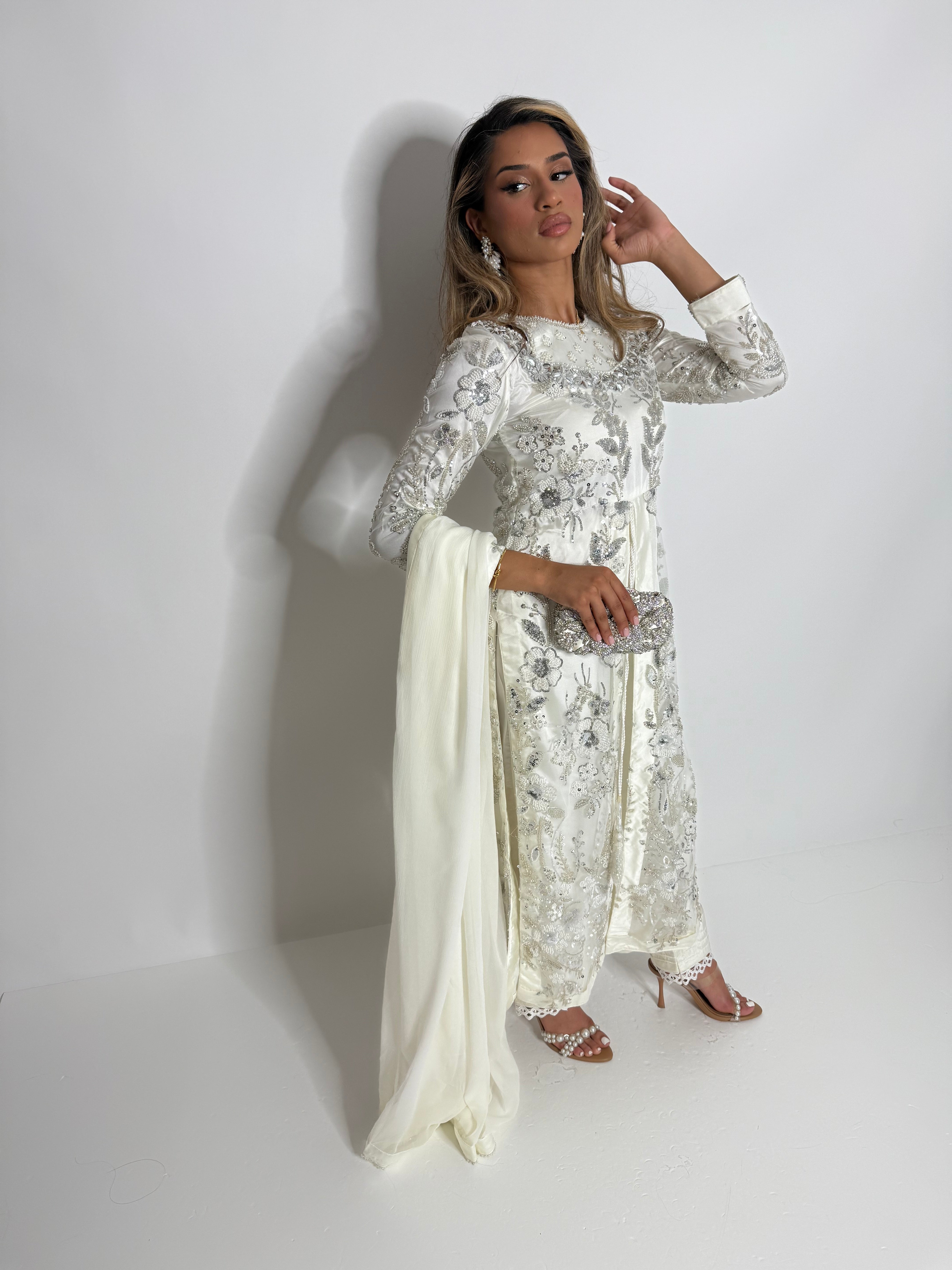 Zerina White Embellished Silk Three-Piece