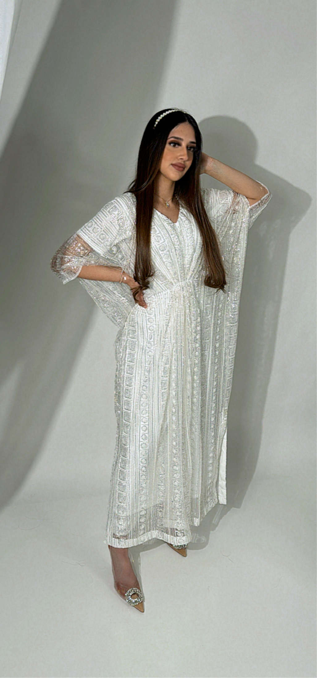 Adeela – White Pearl Embellished Kaftan Dress