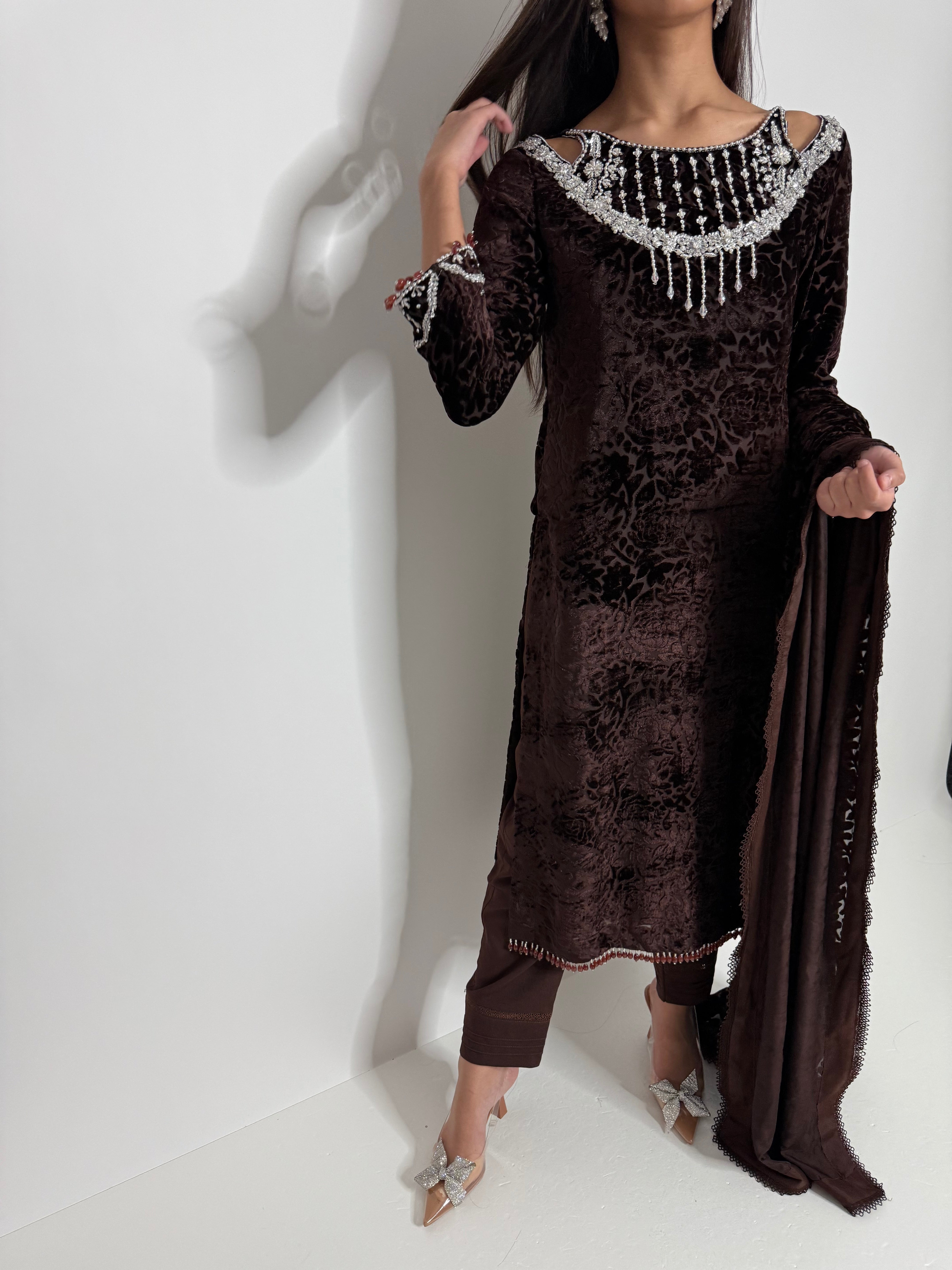 Luxury chocoste palachi embroidered Pakistani suit for weddings