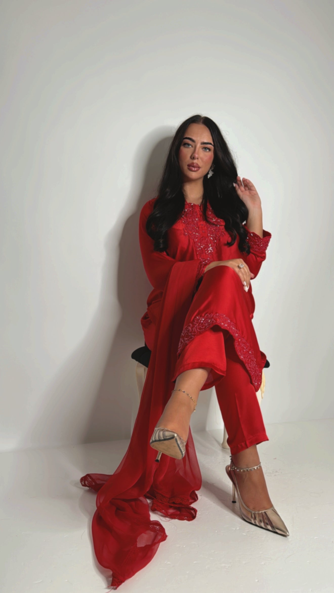 Serenya red satin embroidered Pakistani suit — three-piece with dupatta