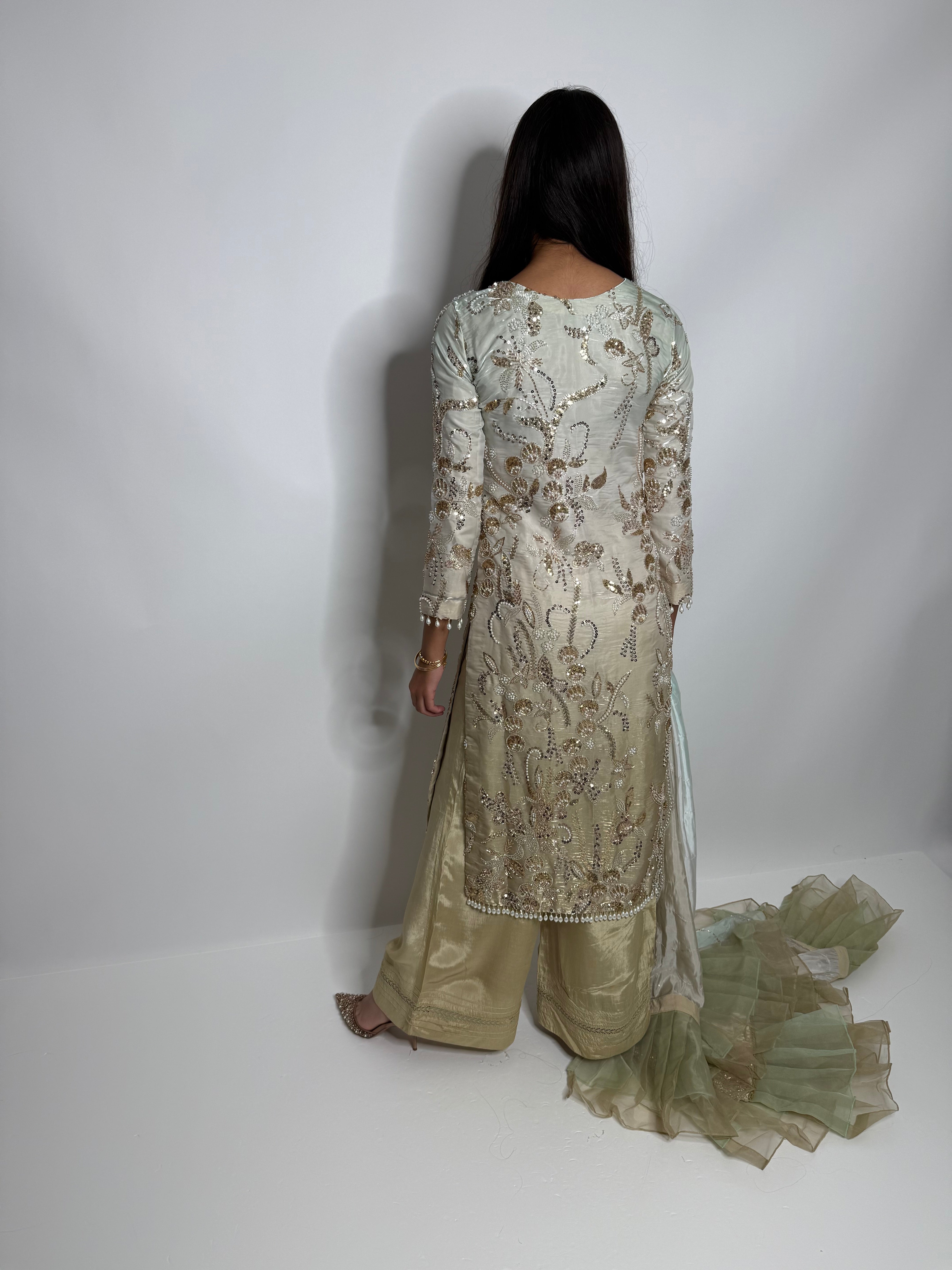 Back view of outfit highlighting embroidery and dupatta fall.
