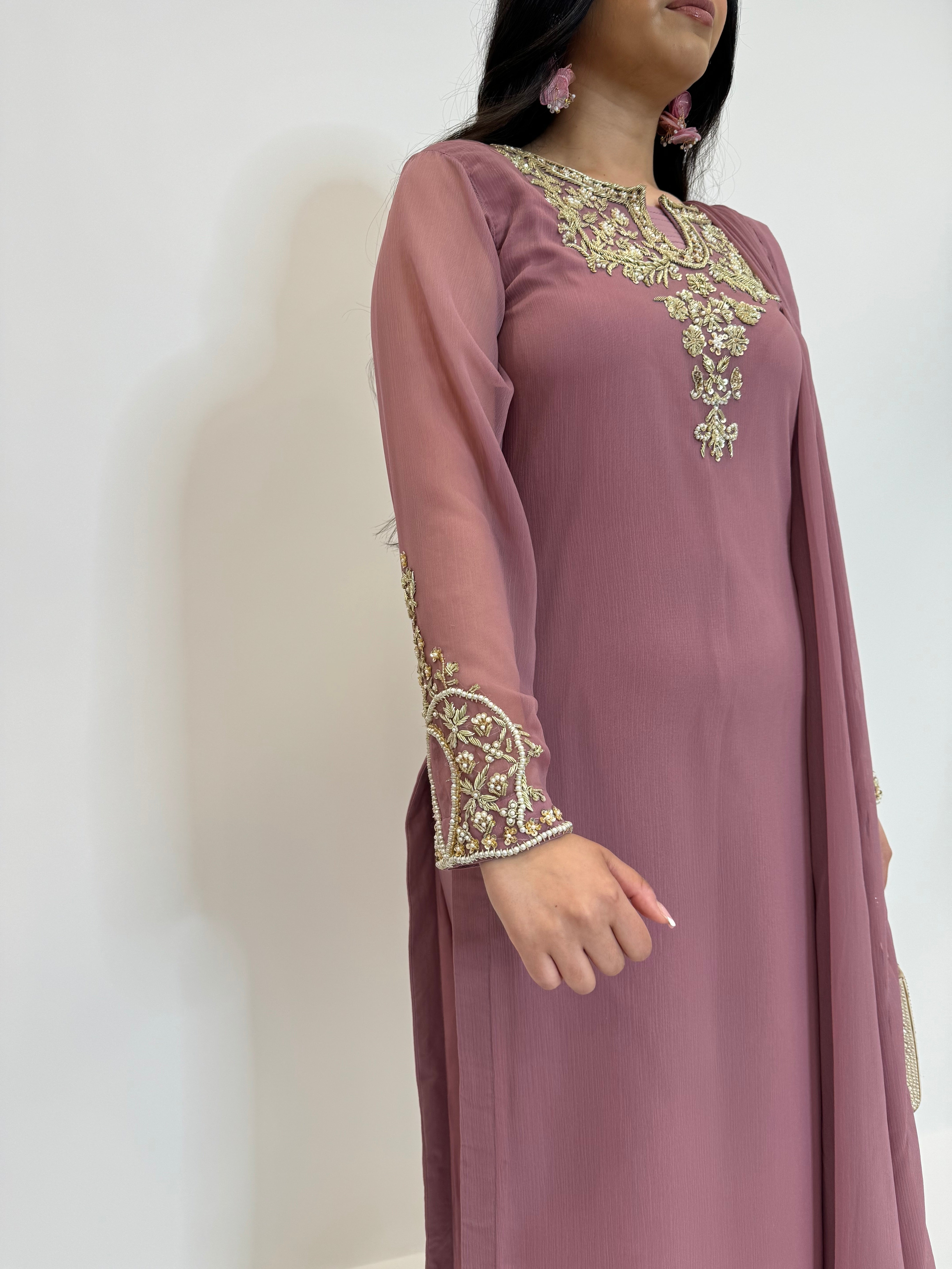 Sélene – Mauve Pink Chiffon Three Piece Pakistani suit