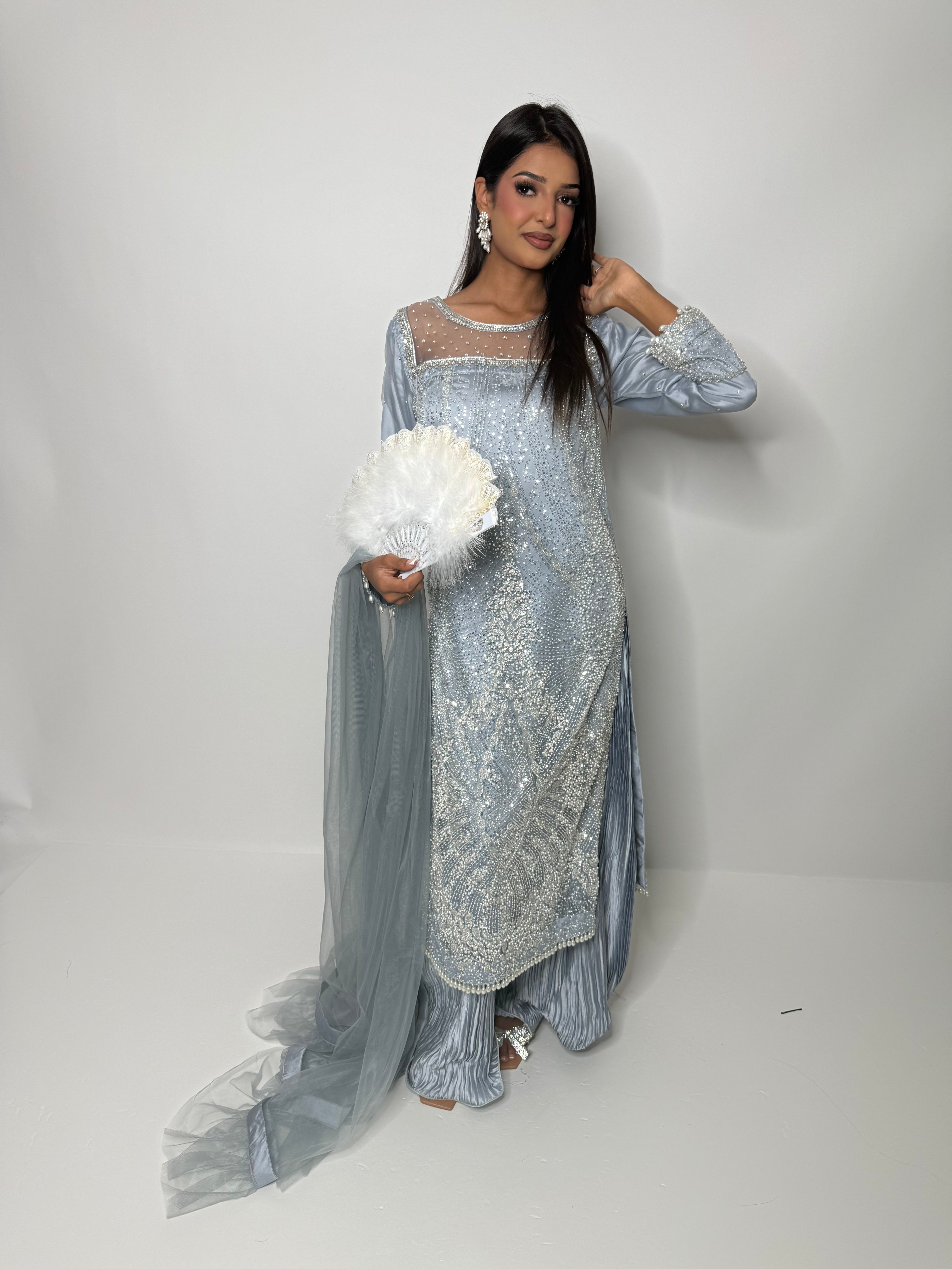 Icy blue embellished Pakistani outfit with dupatta – Ameliyana Boutique