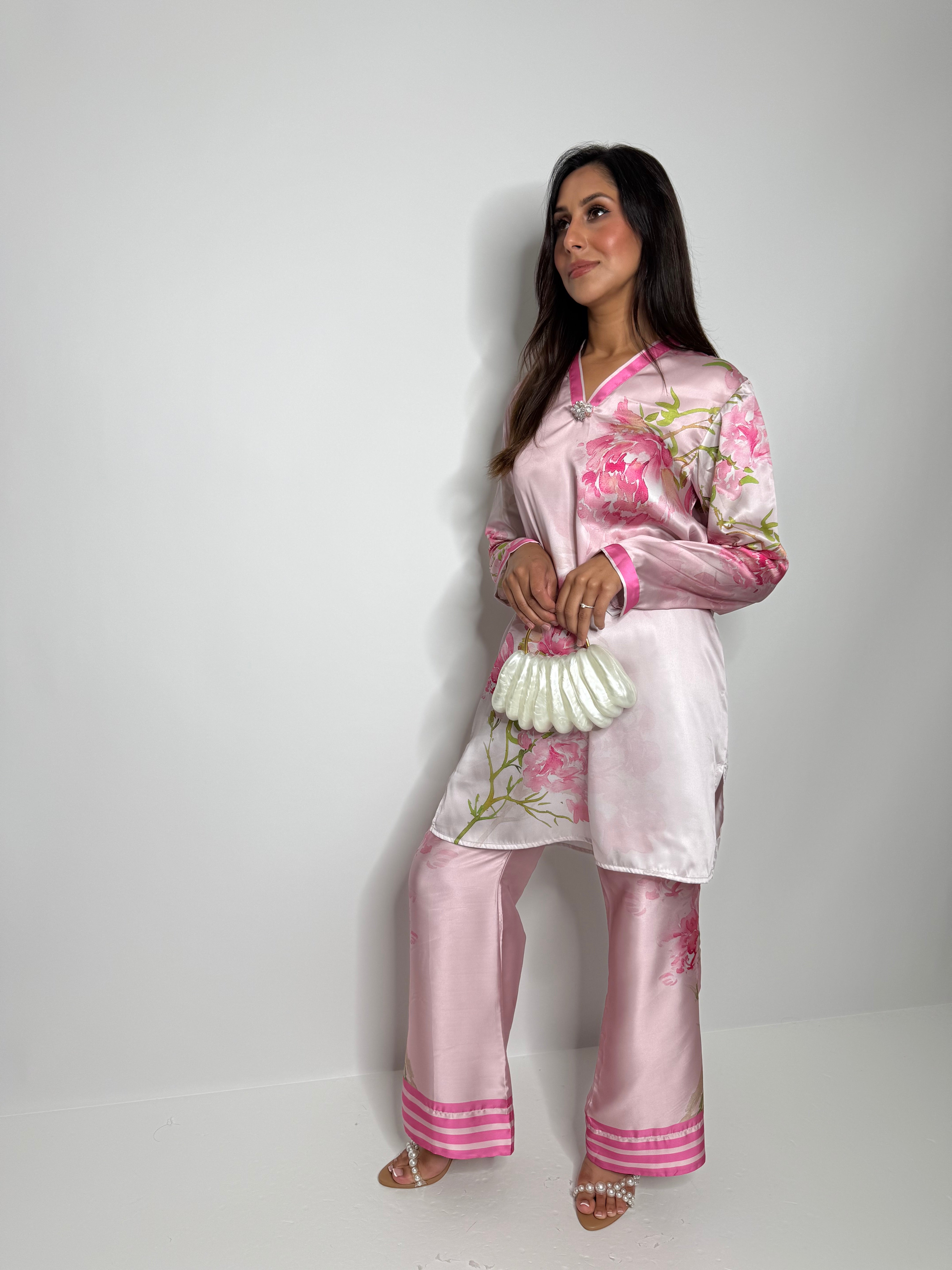 Pink Floral Silk Designer Three-Piece by Limelight with Chiffon Dupatta