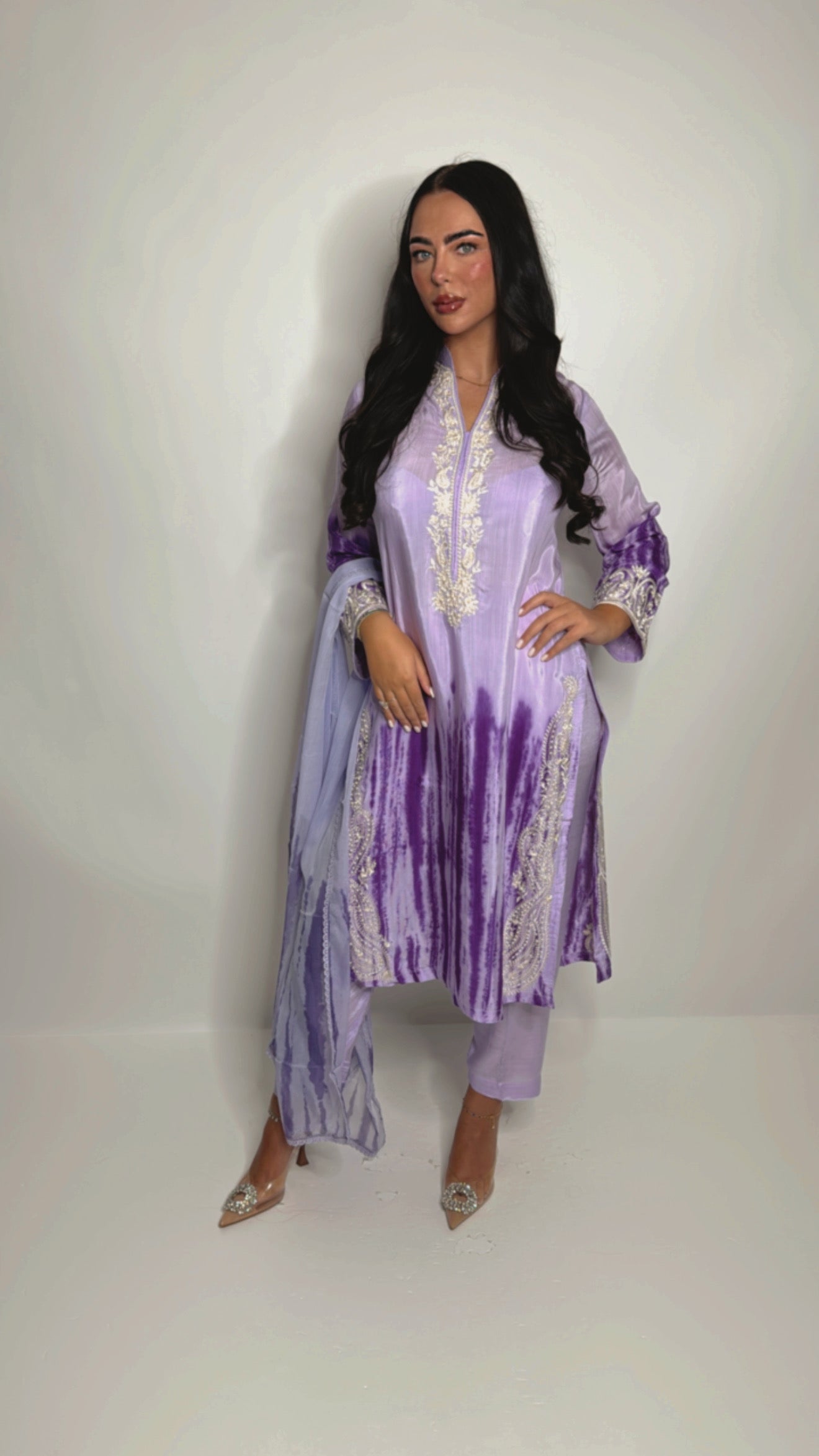 Elegant lilac silk three-piece suit with chiffon dupatta and straight trousers