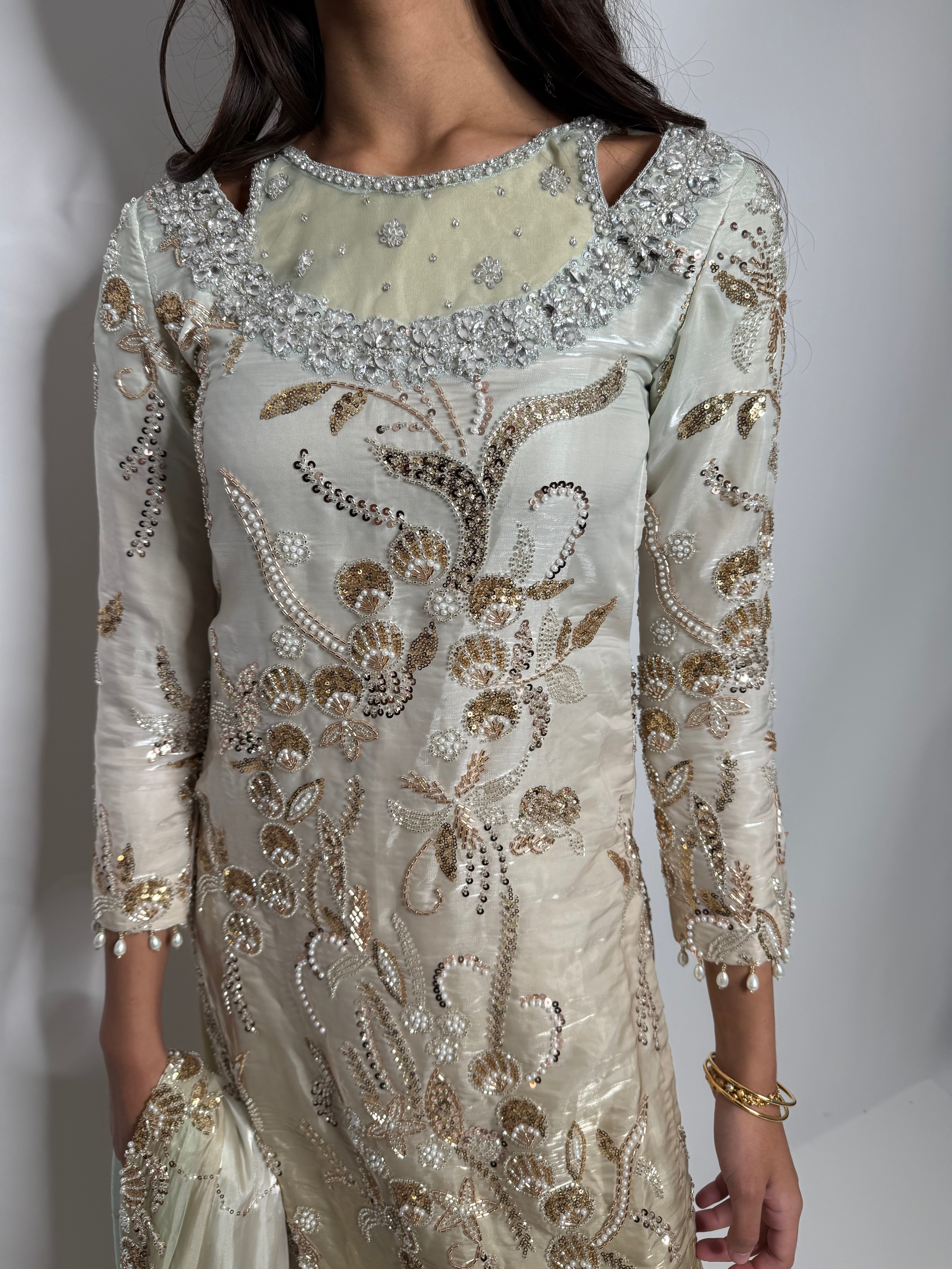 Close-up of cutdana embroidery and pearl finishing on neckline and sleeves.
