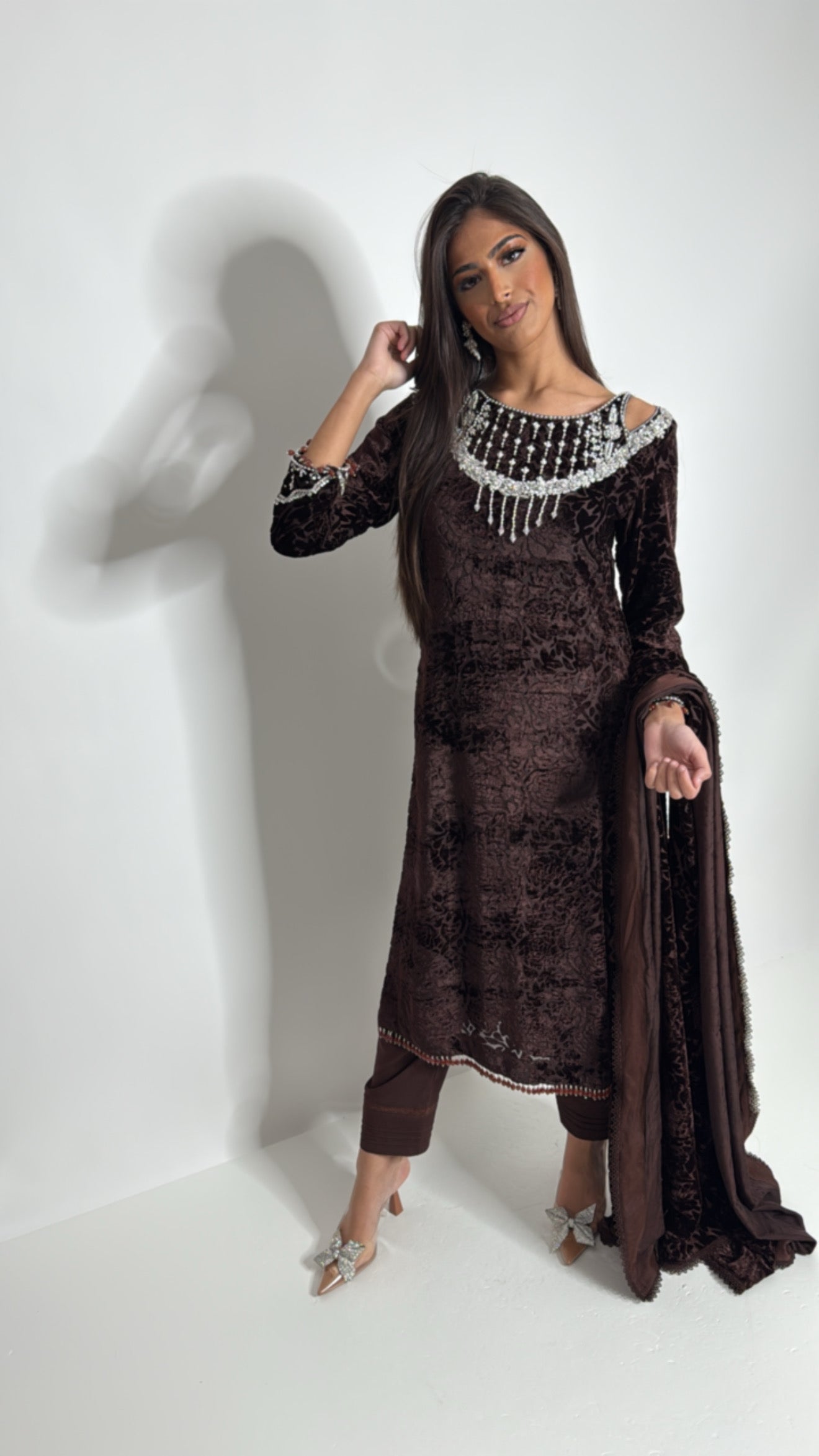 Velisse chocoste palachi Pakistani suit with embroidered neckline and pearl detailing