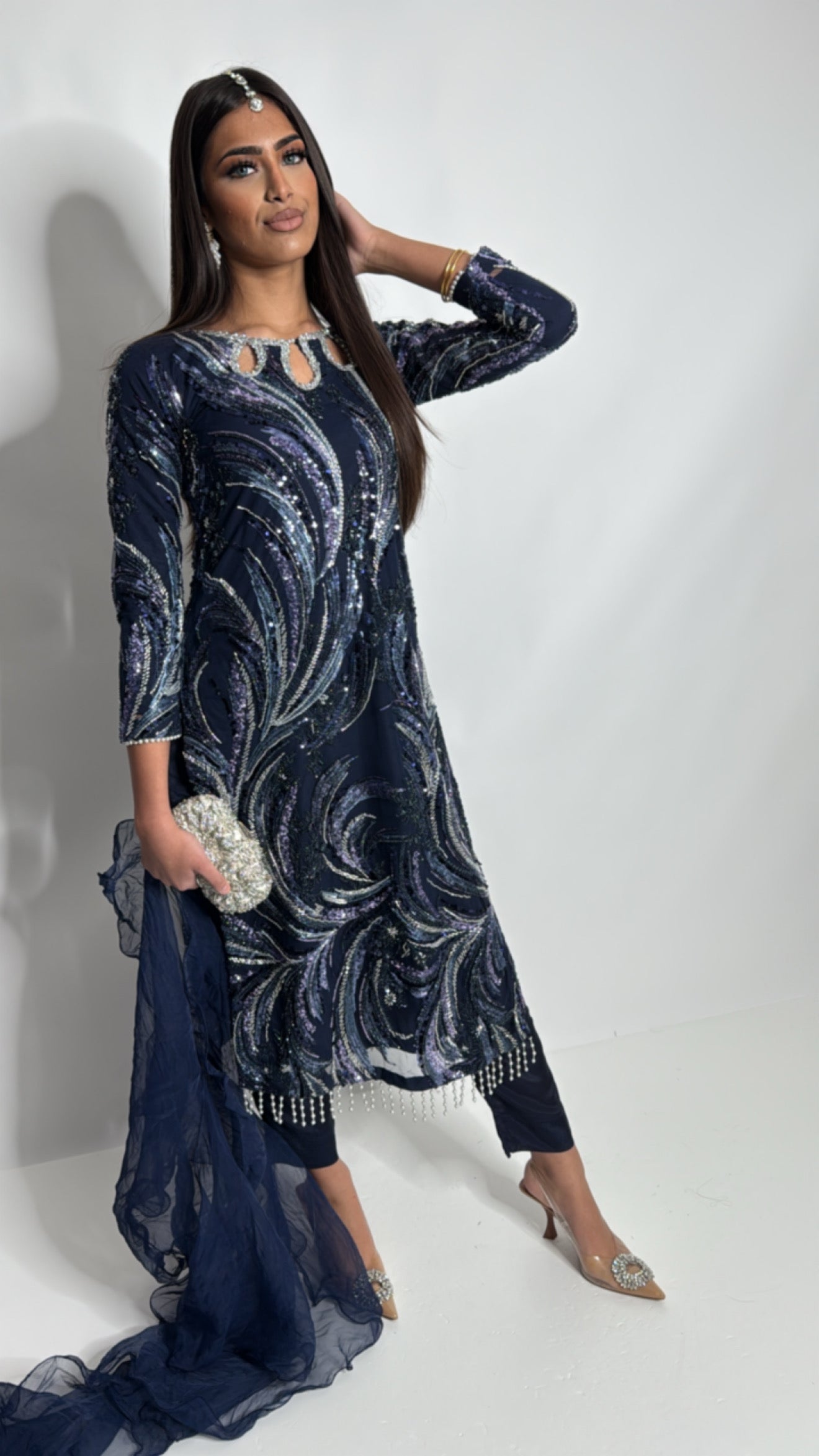 Navy blue cutdana embroidered Pakistani suit with frill dupatta – Ameliyana Boutique