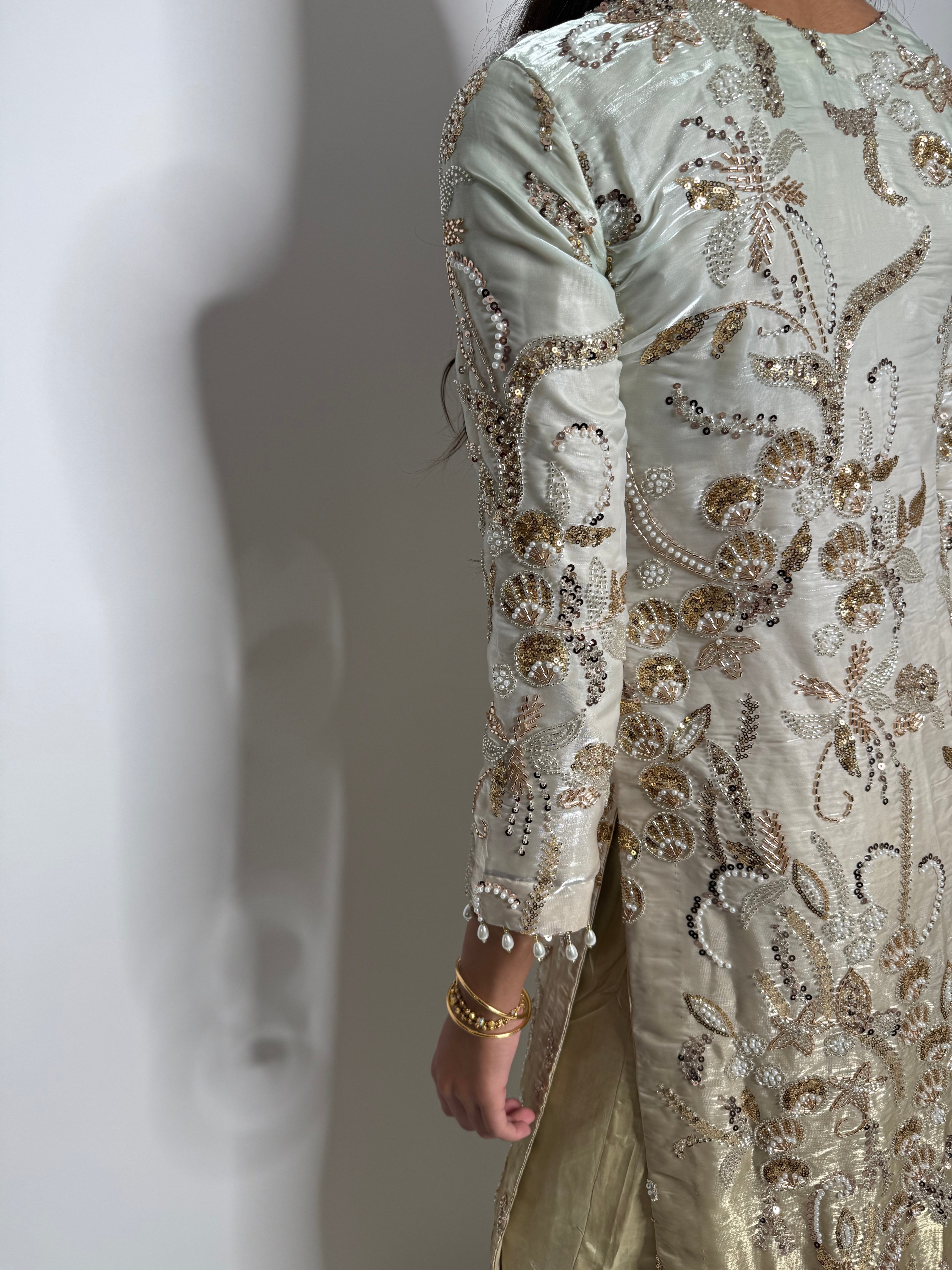 Ayleen Ivory Gold Silk Three-Piece with Embroidered Dupatta