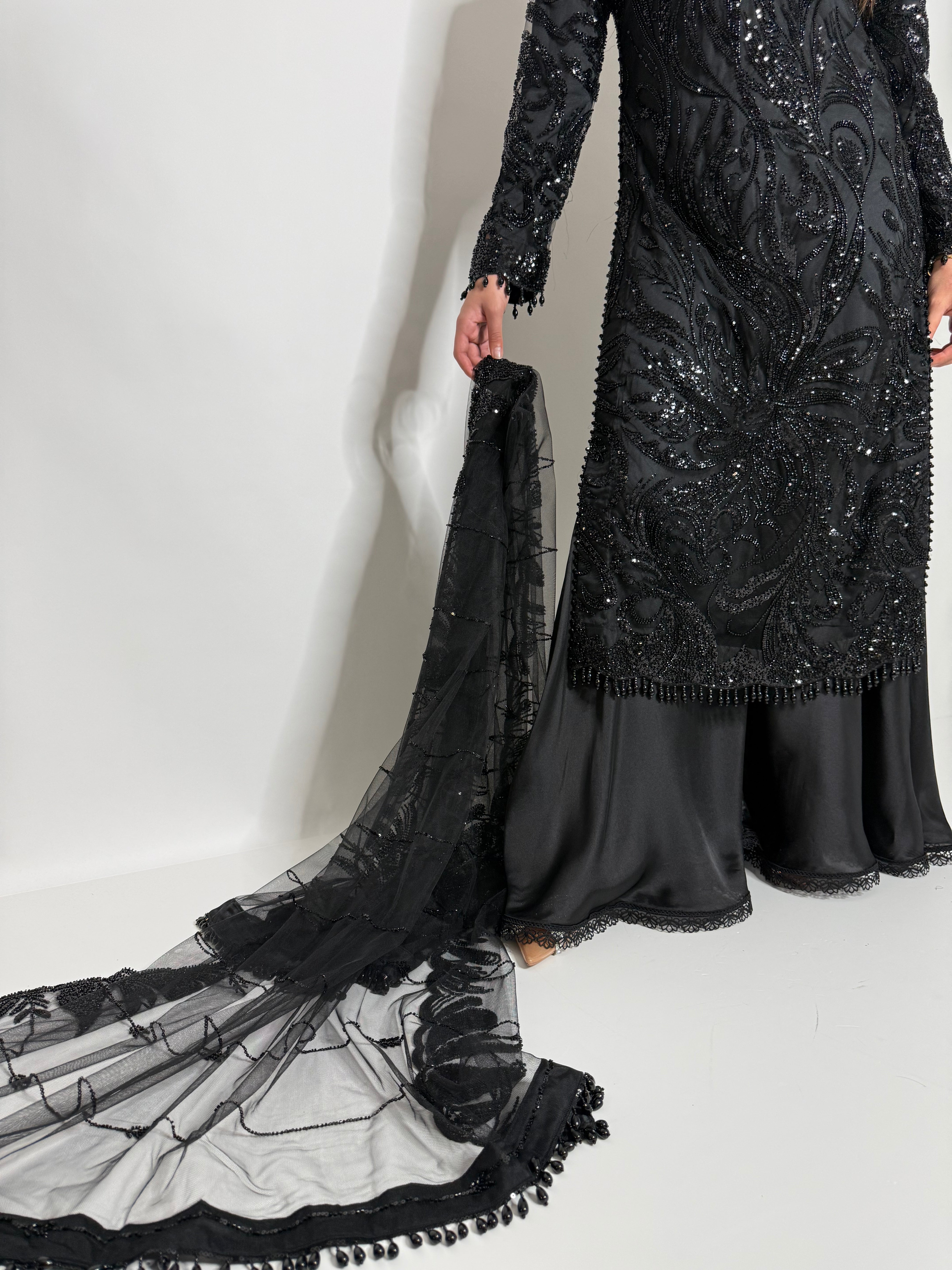 NOIRAH BLACK CUTDANA HAND EMBROIDERED SILK SHARARA THREE-PIECE EID & WEDDING FORMAL