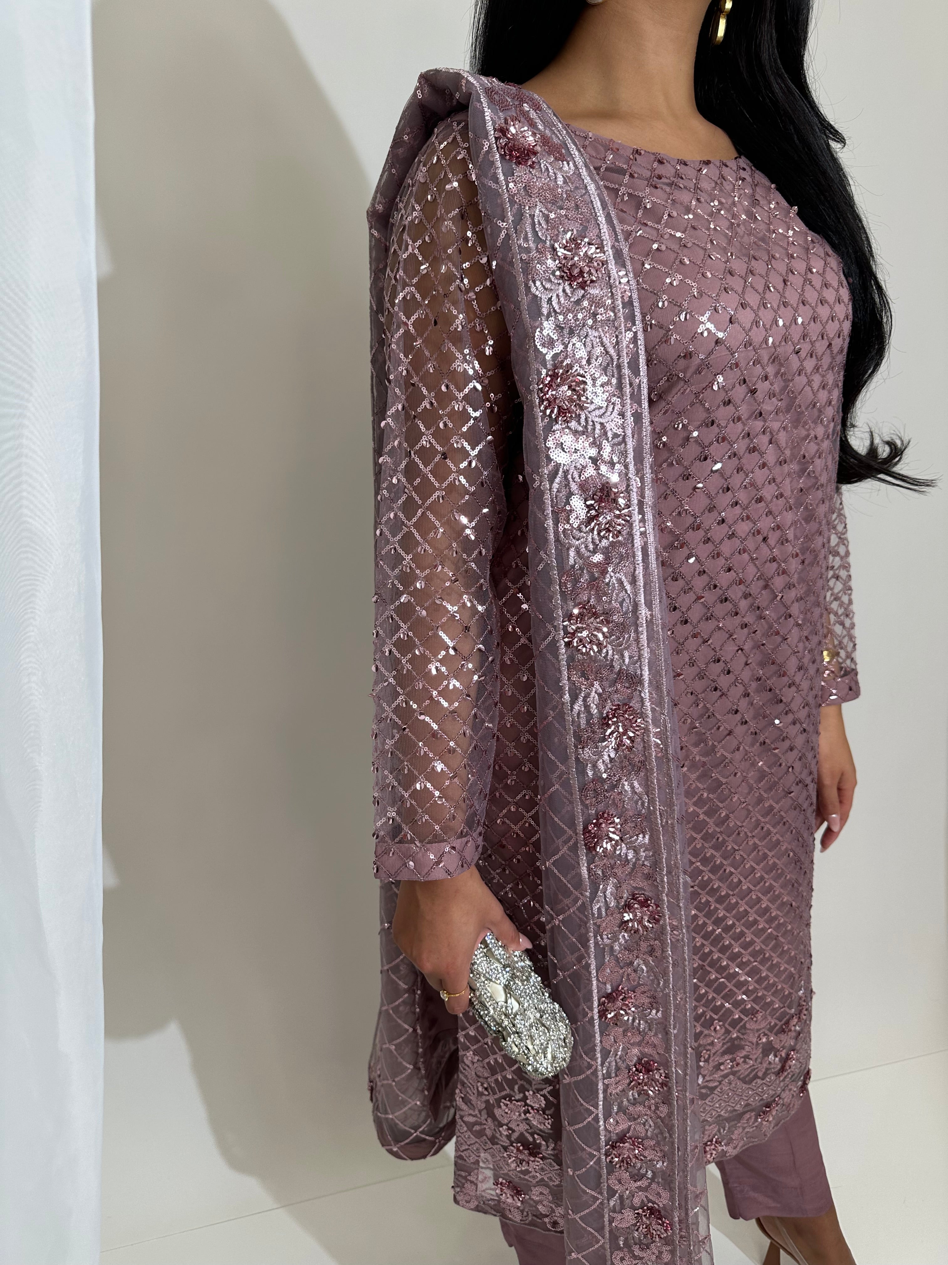 Mahveen – Lilac Sequin Embellished Three Piece Suit