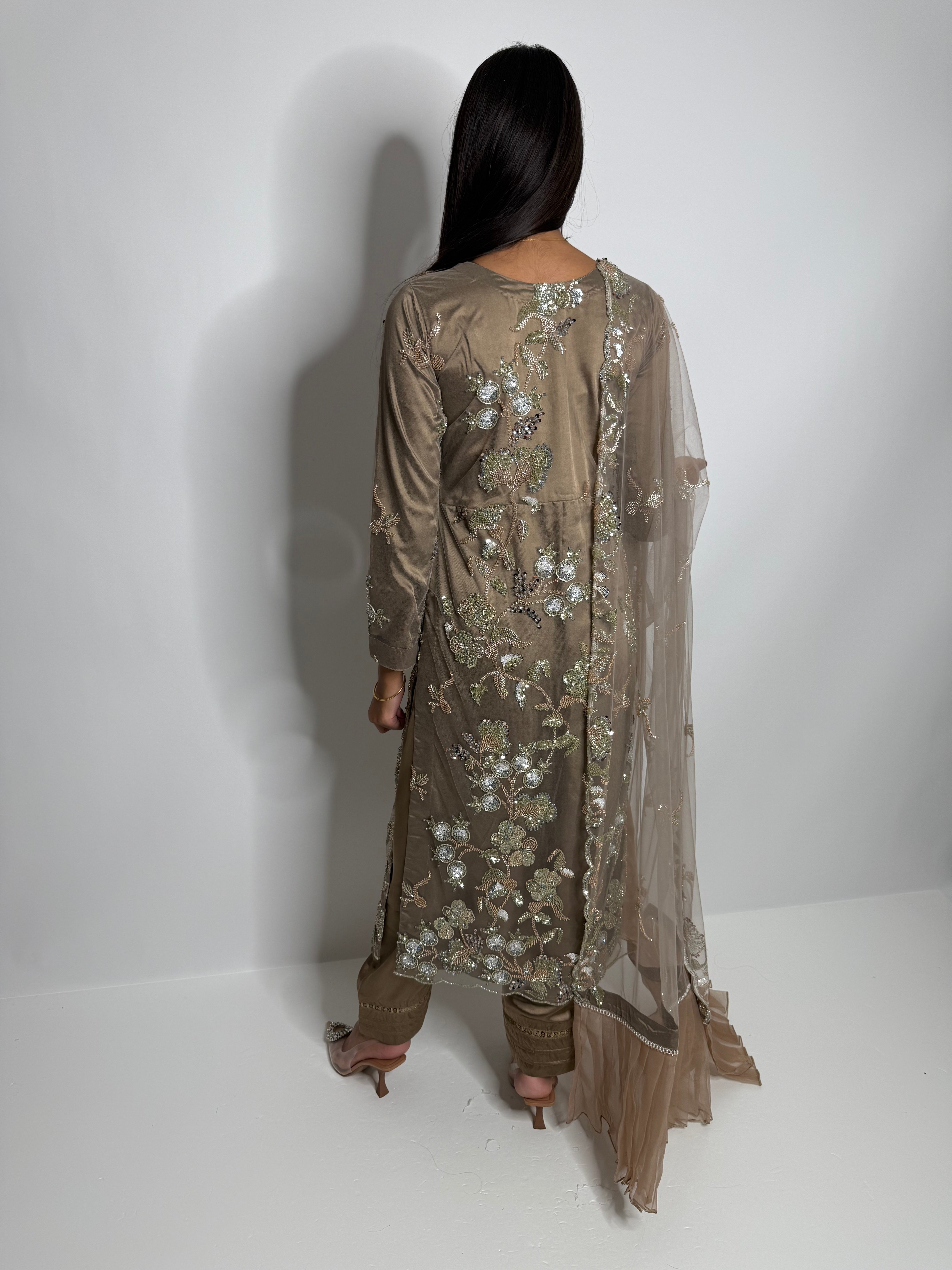 Noorah – Embellished Taupe Three-Piece Set