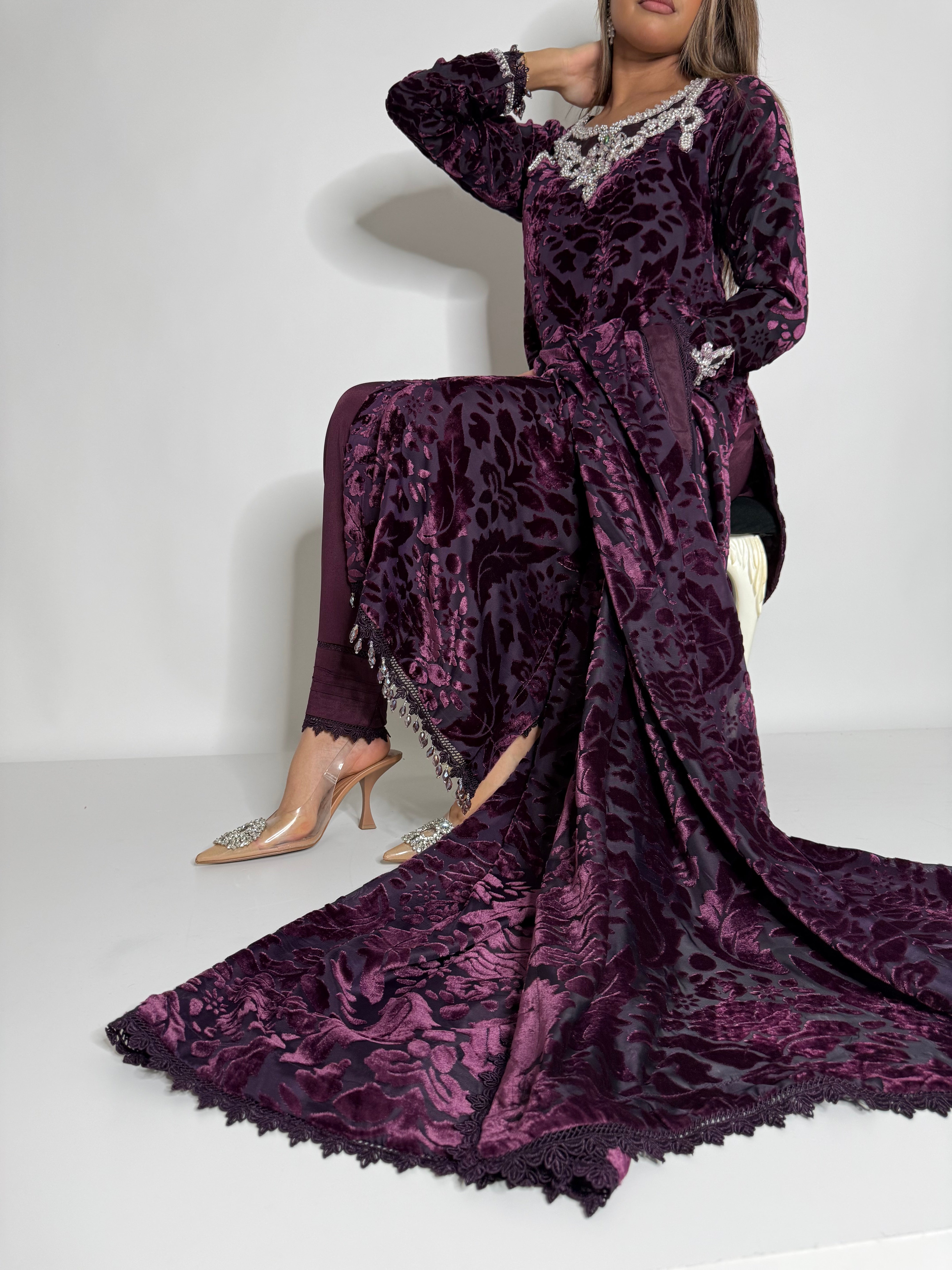 Royal Amethyst Pearl Handwork Palachi Shirt & Lace-Trim Dupatta Set