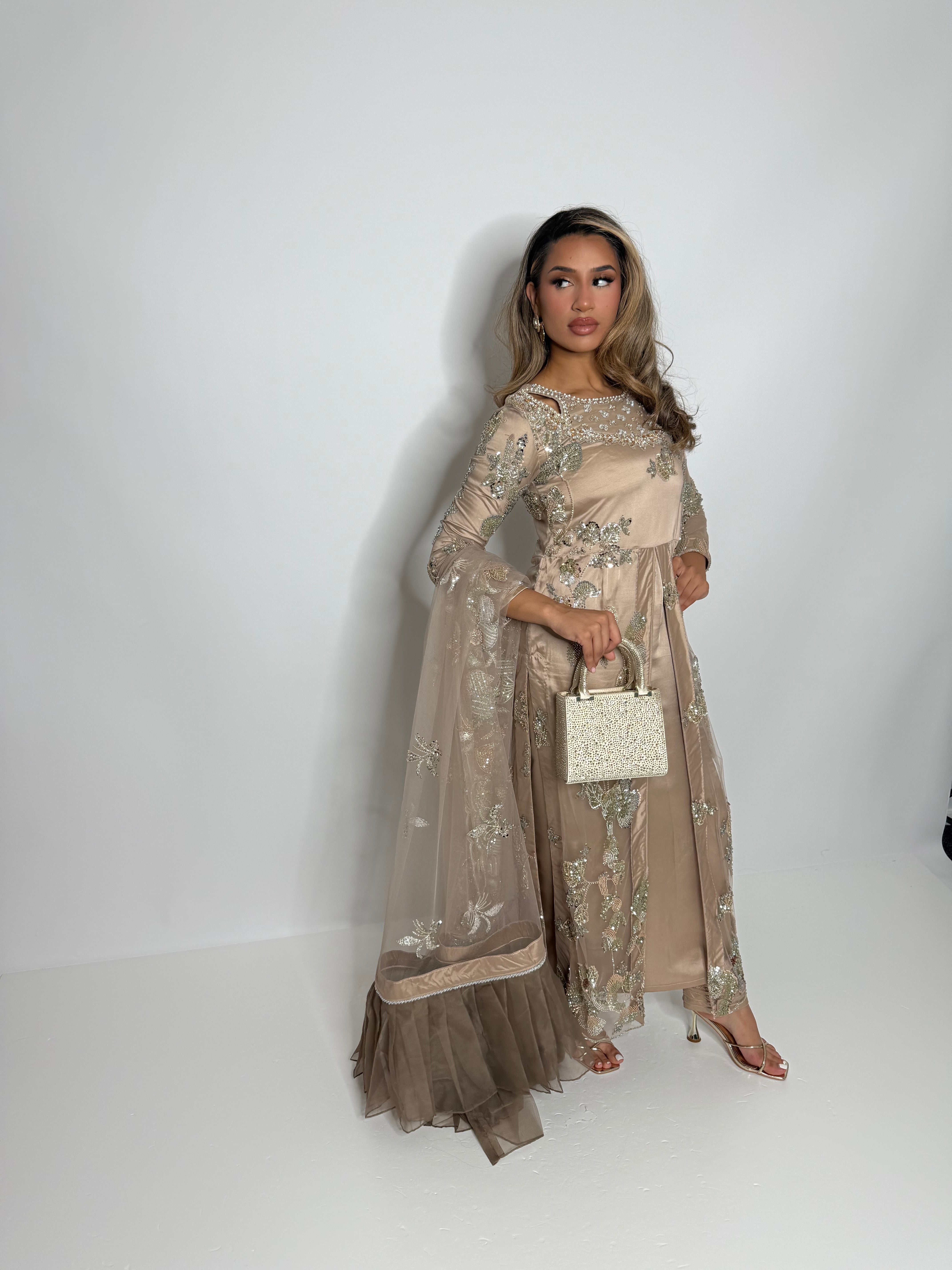 Embroidered net dupatta with soft frill