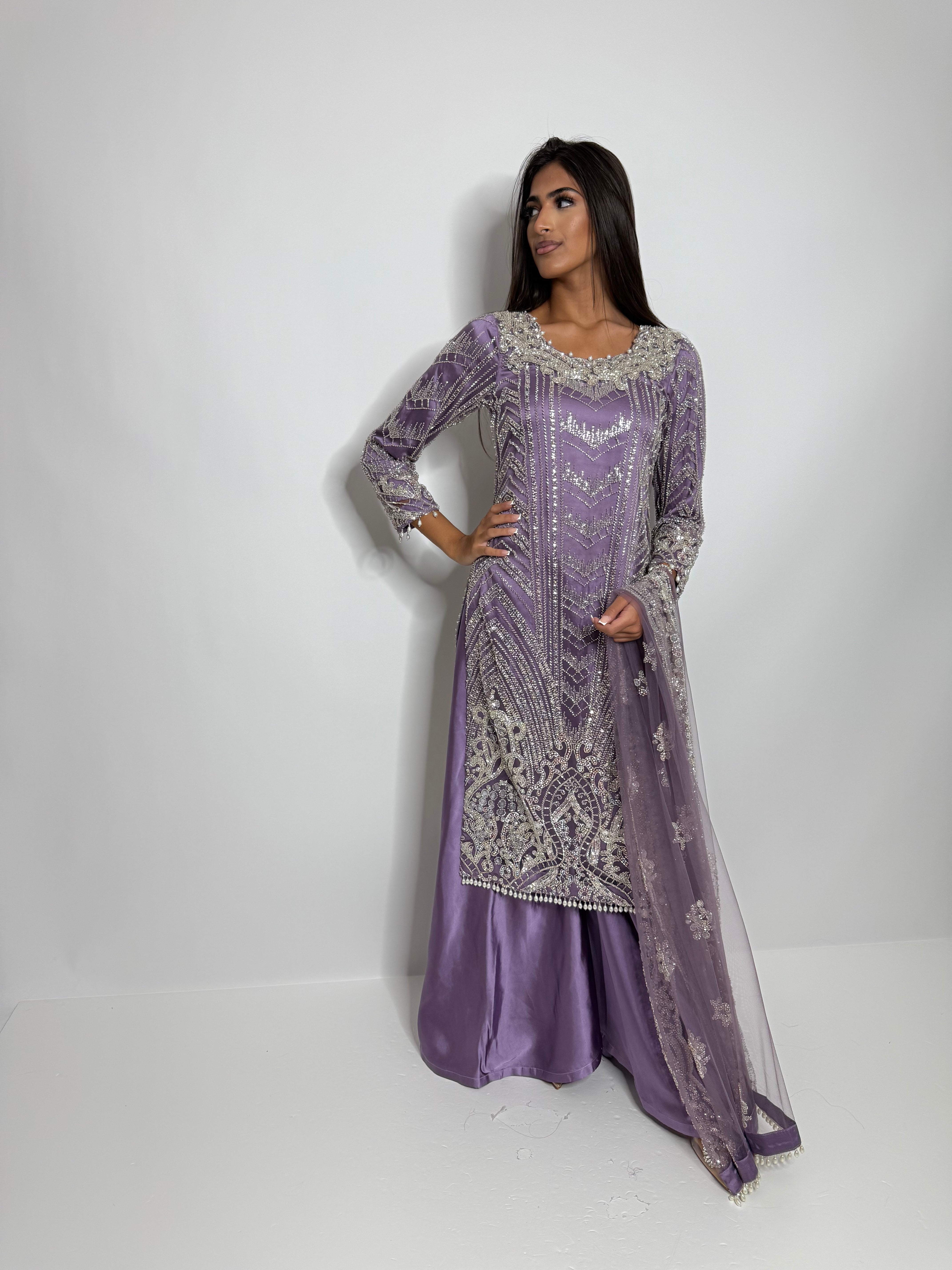 Aveline in Dusky Lavender — embellished Pakistani formal outfit with pearl edging