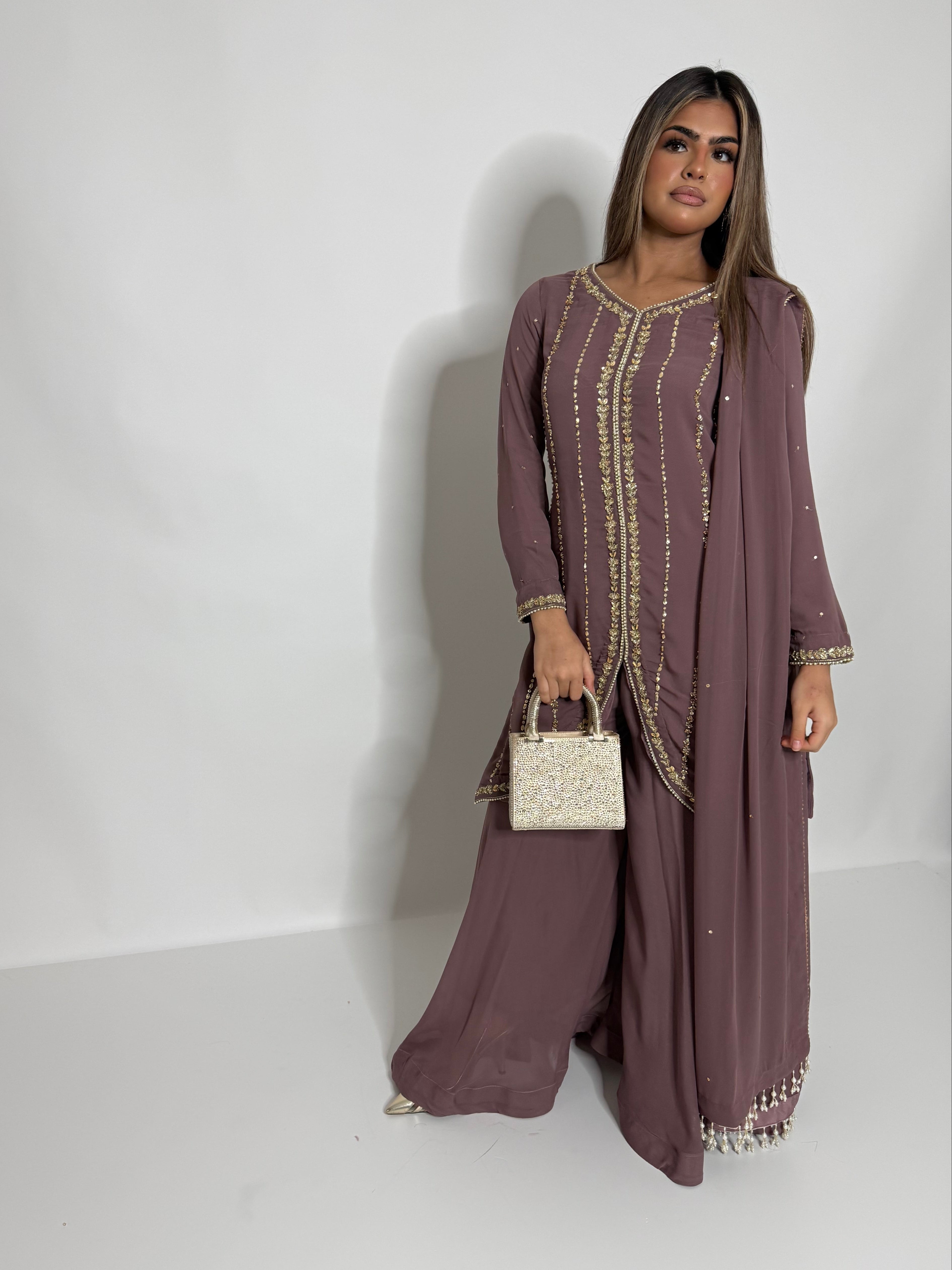 RUMAISA TAUPE GOLD GEORGETTE SHARARA SUIT