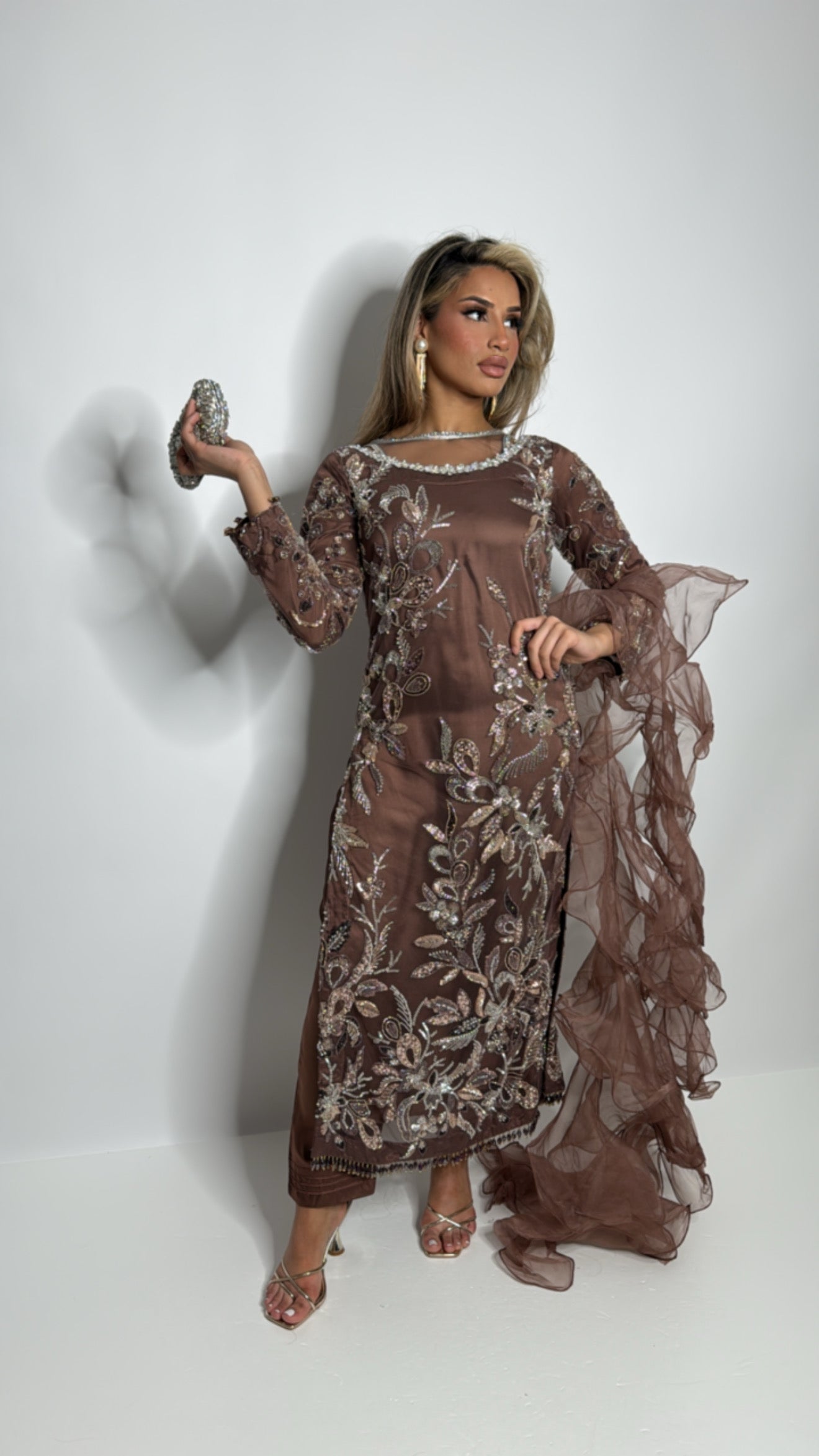 Cocoa cutdana embroidered Pakistani suit with frill dupatta