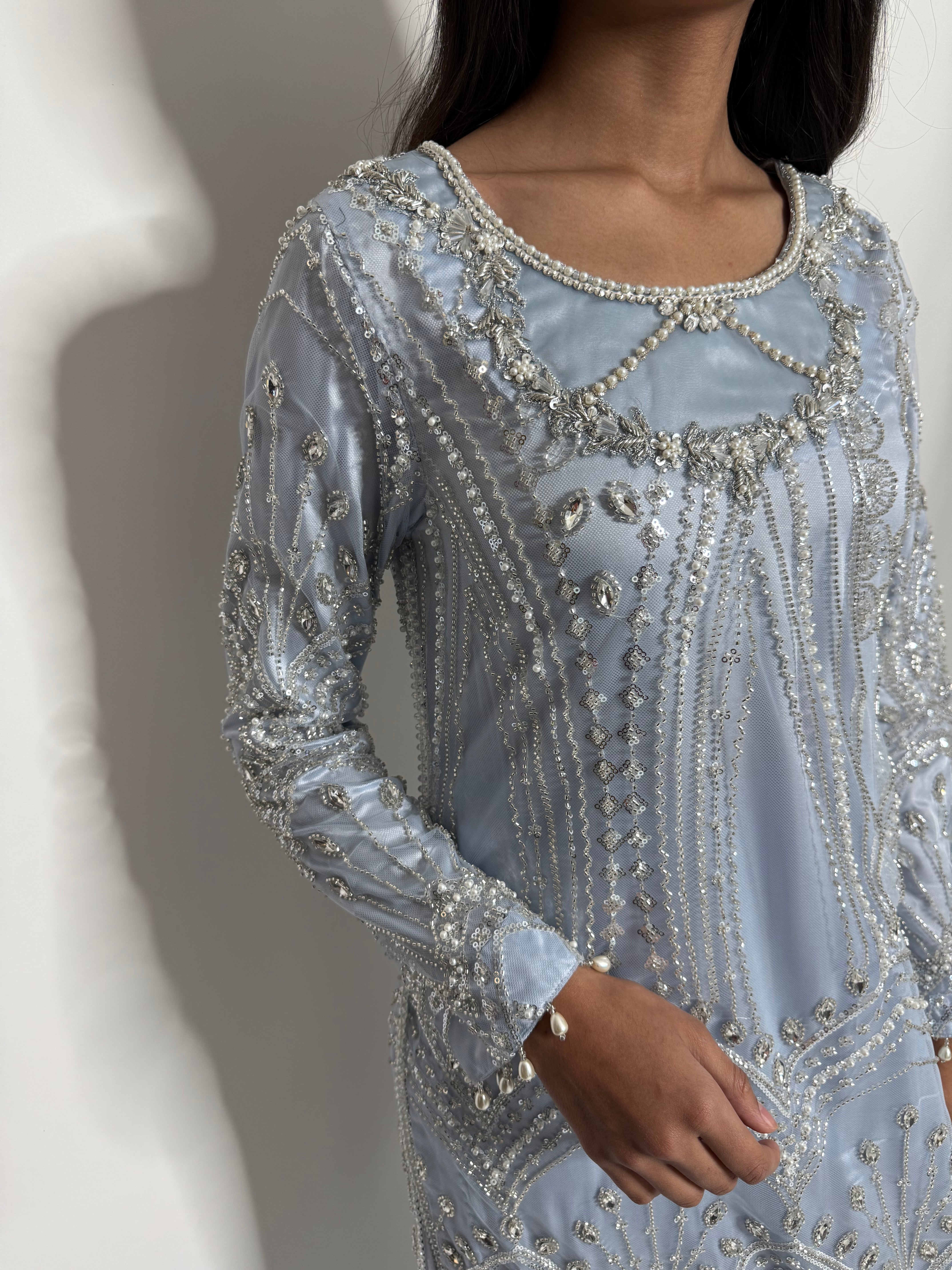 Powder Blue Cutdana Embroidered Sharara Suit UK | The Élodie