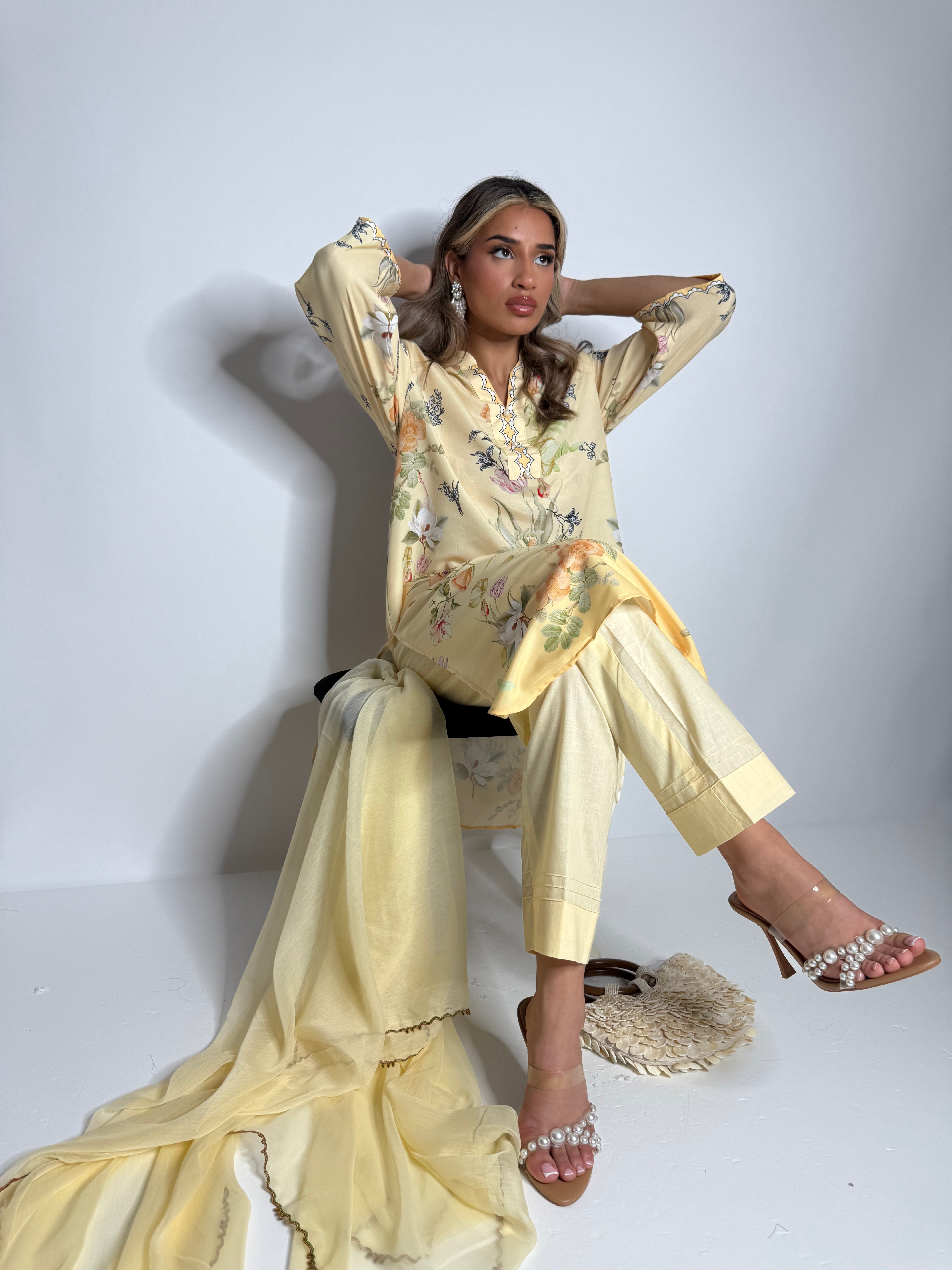 Sana Safinaz lemon lawn suit with floral print and chiffon dupatta – Ameliyana Boutique UK